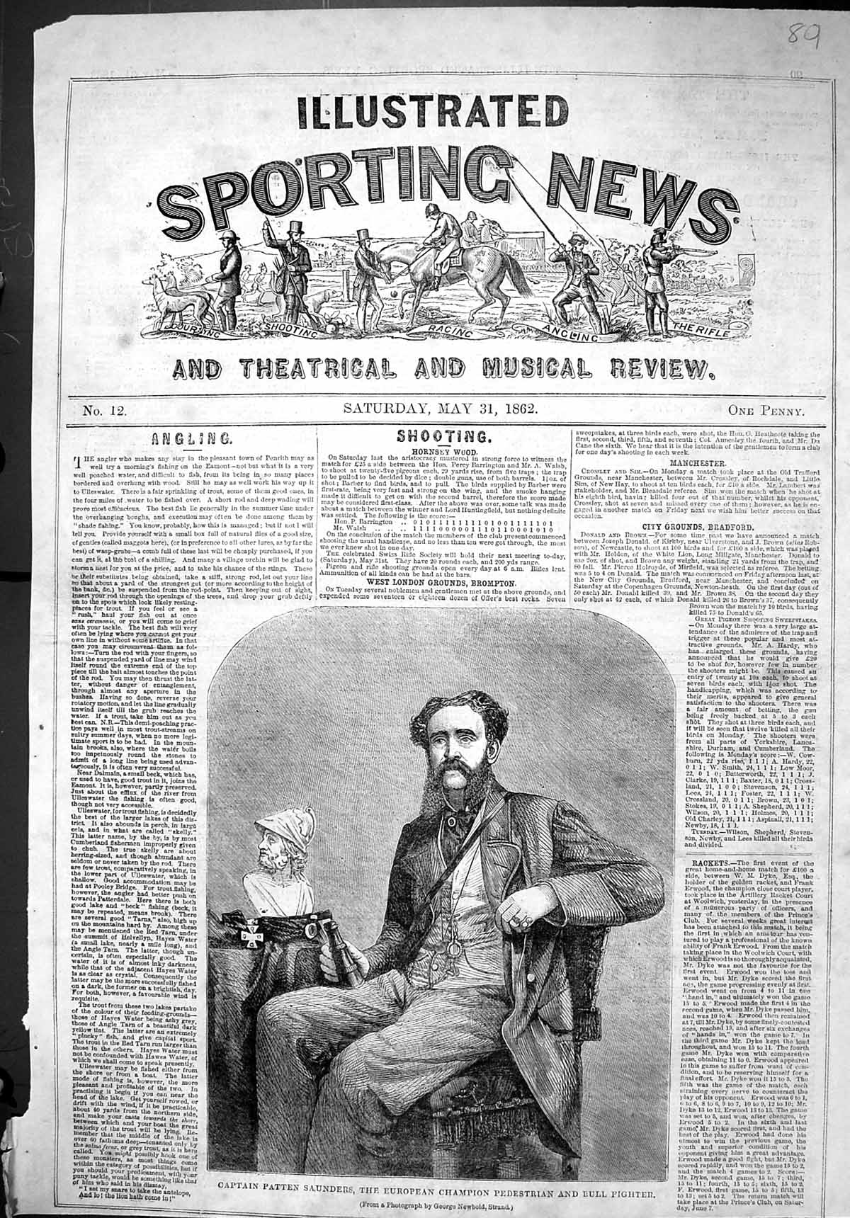 Old 1862 Captain Patten Saunders Champion Pedestrian Bull Fighter Spo Victorian