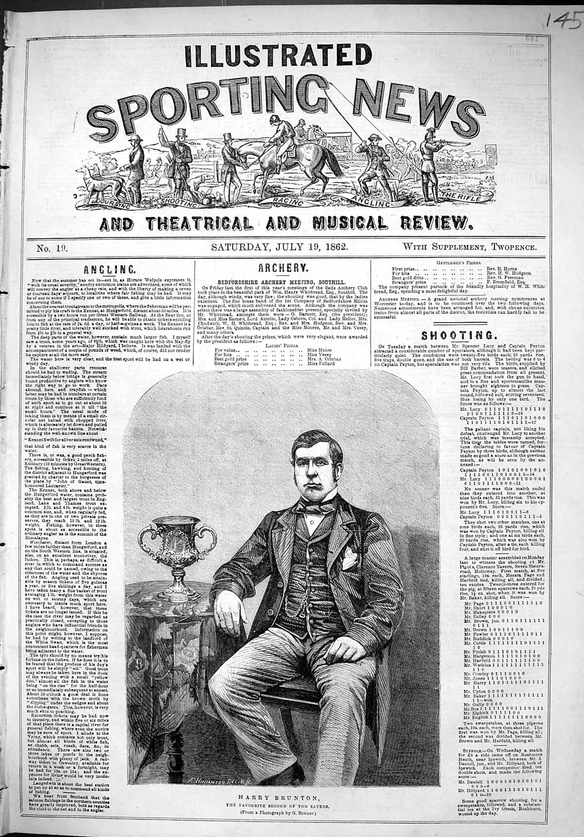 Old Antique Print 1862 Portrait Harry Brunton Favourite Second Tom Sayers 19th