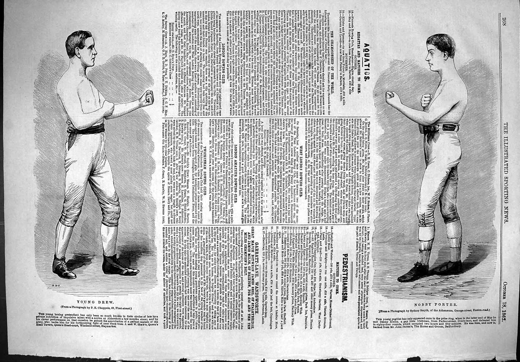 Old Antique Print 1862 Portrait Young Drew Nobby Porter Boxing Men Sport 19th