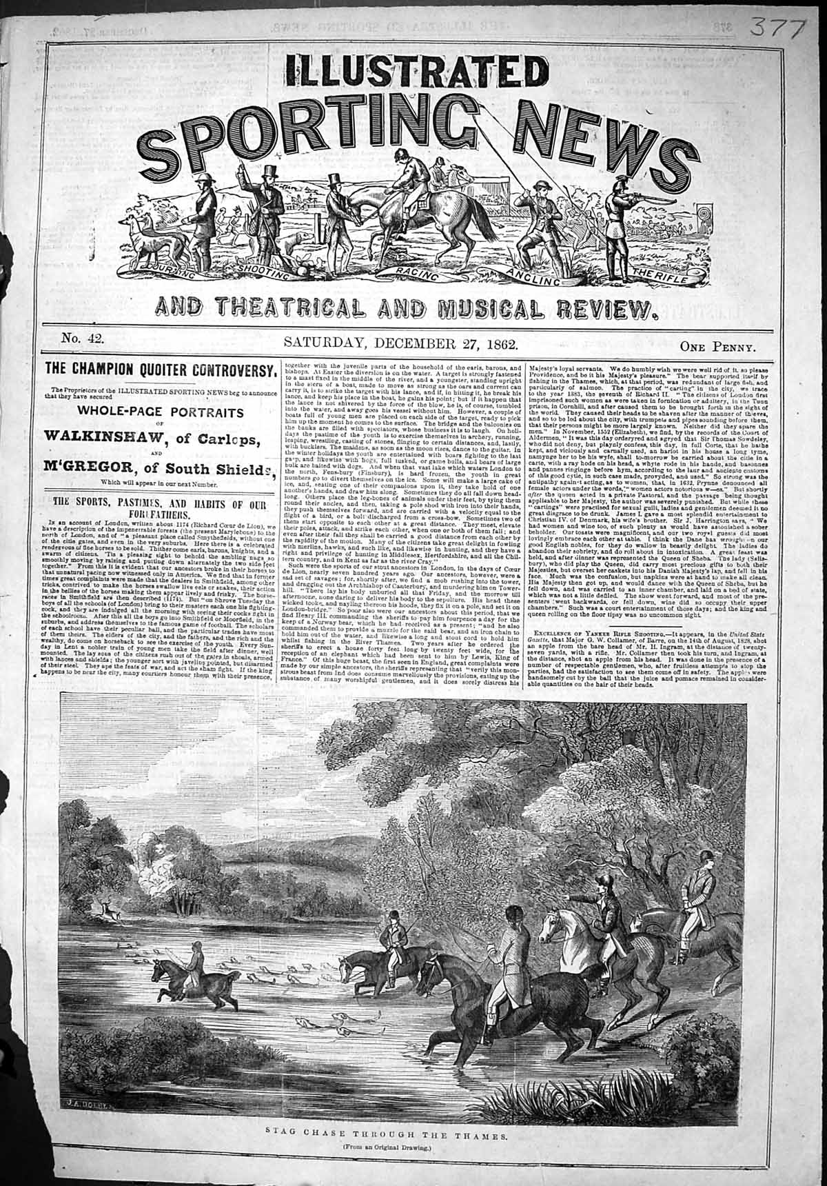 Antique Old Print 1862 Stag Chase Through River Thames Hunting Sport Hounds