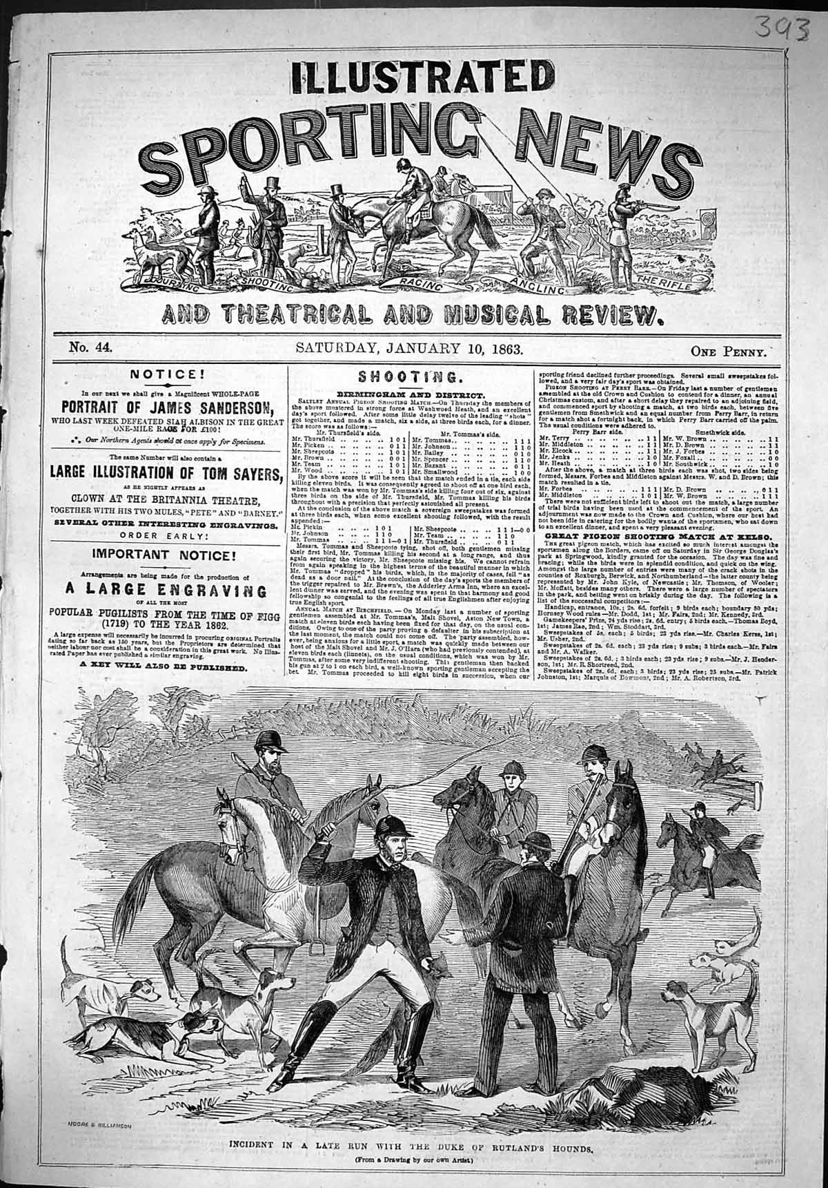 Old Antique Print 1863 Duke Rutland Hounds Hunting Sport Horses Men Whip 19th