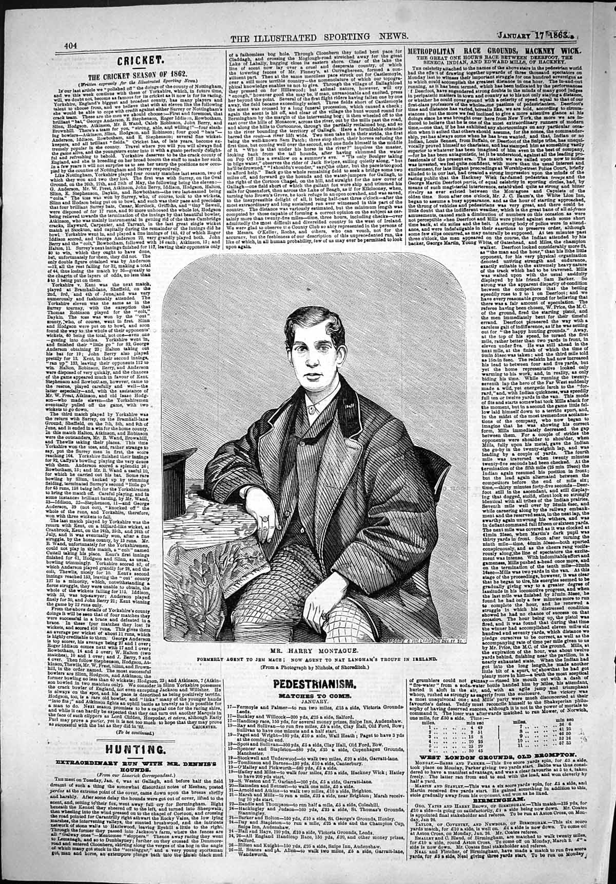 Old Print 1863 Portrait Mr Harry Montague Agent Jem Mace Langham Ireland 19th
