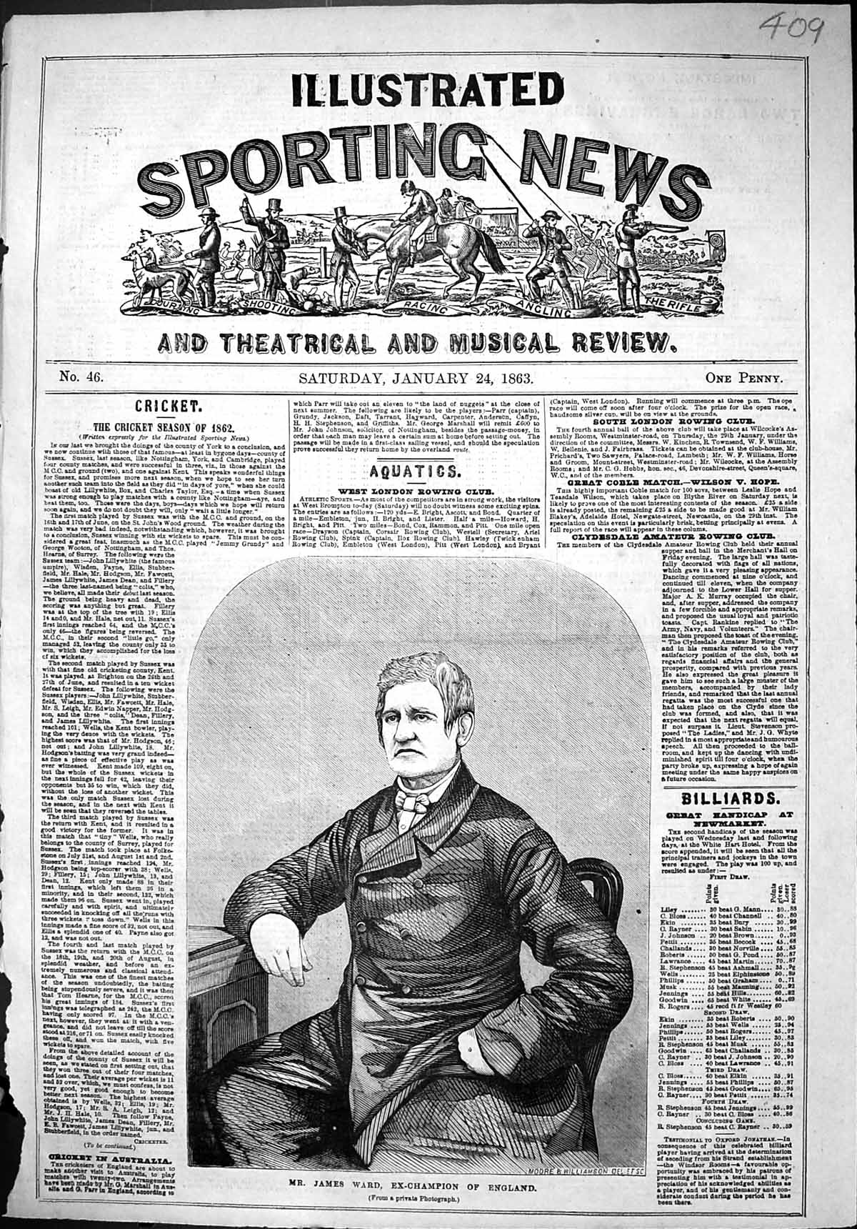 Original Old Antique Print 1863 Portrait Mr James Ward Ex-Champion England 19th