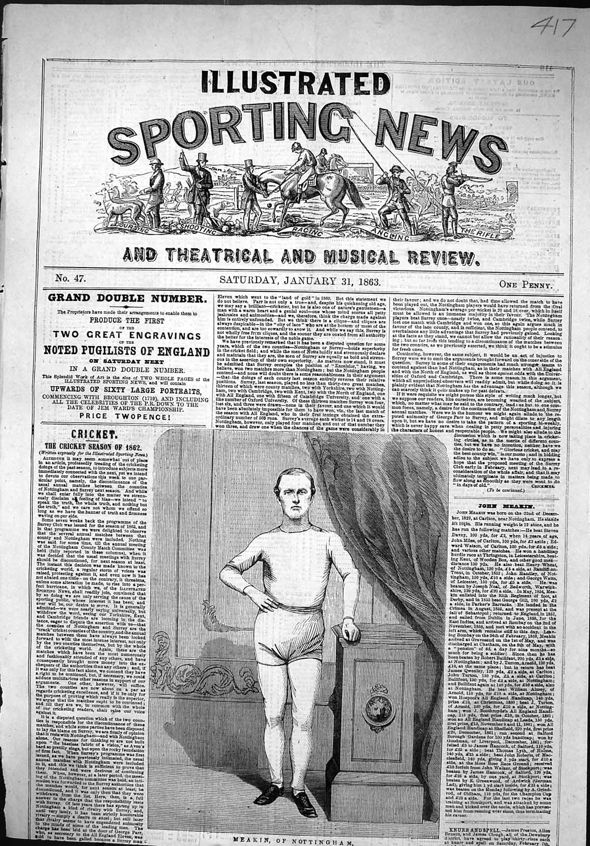 Old Antique Print 1863 Portrait John Meakin Nottingham Hurdle Sport Man 19th