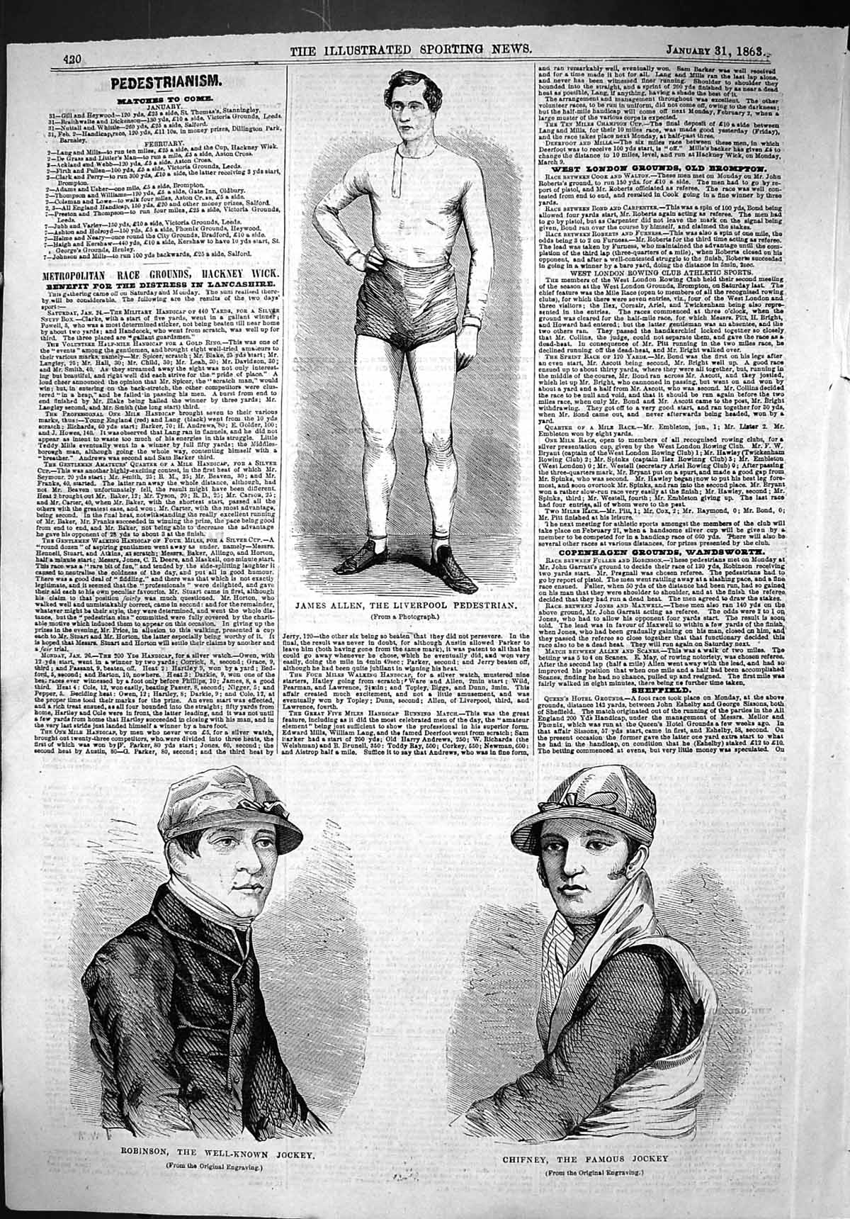 Antique Print 1863 James Allen Liverpool Pedestrian Robinson Jockey Chifney