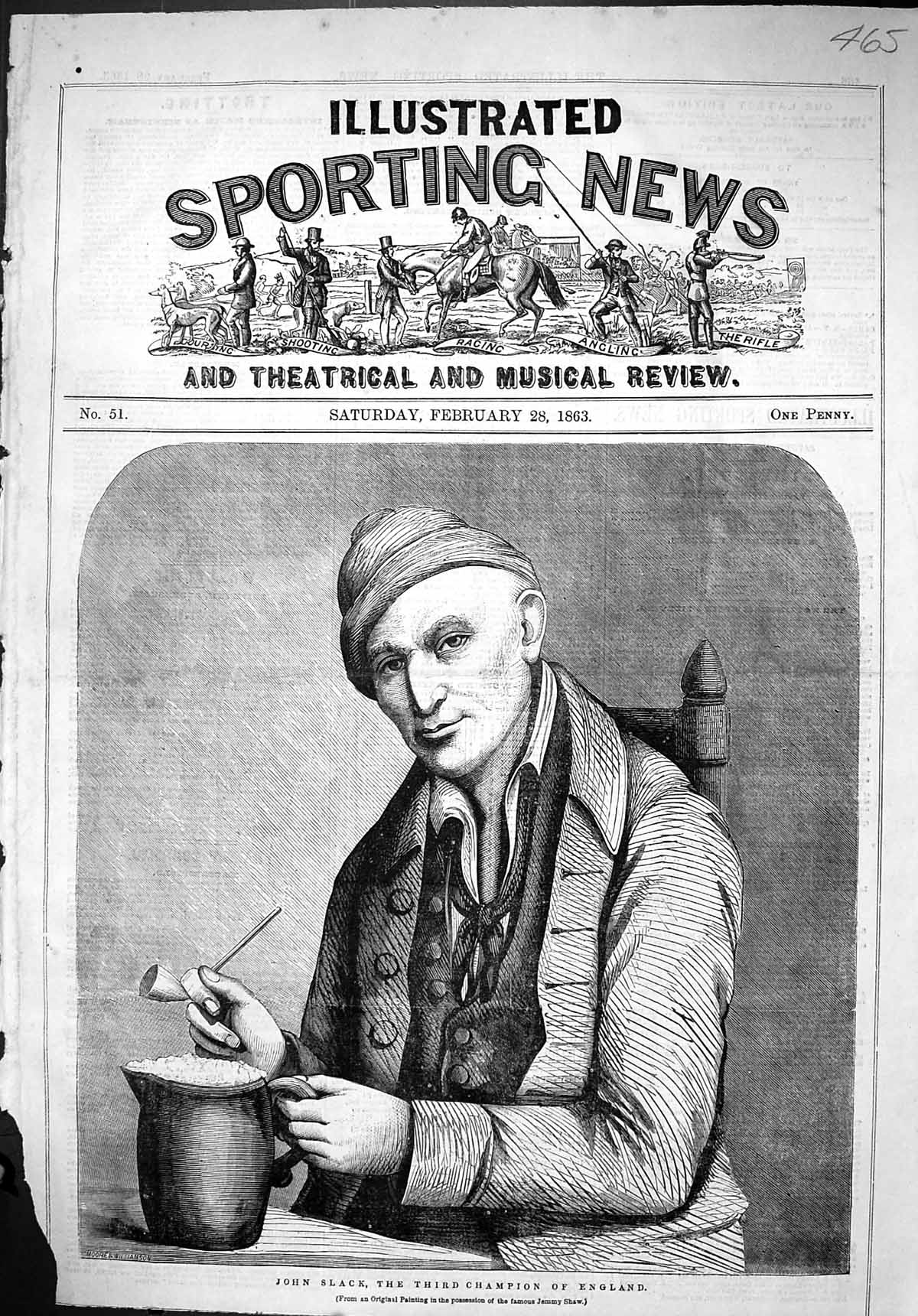 Original Old Antique Print 1863 Portrait John Slack Third Champion England 19th