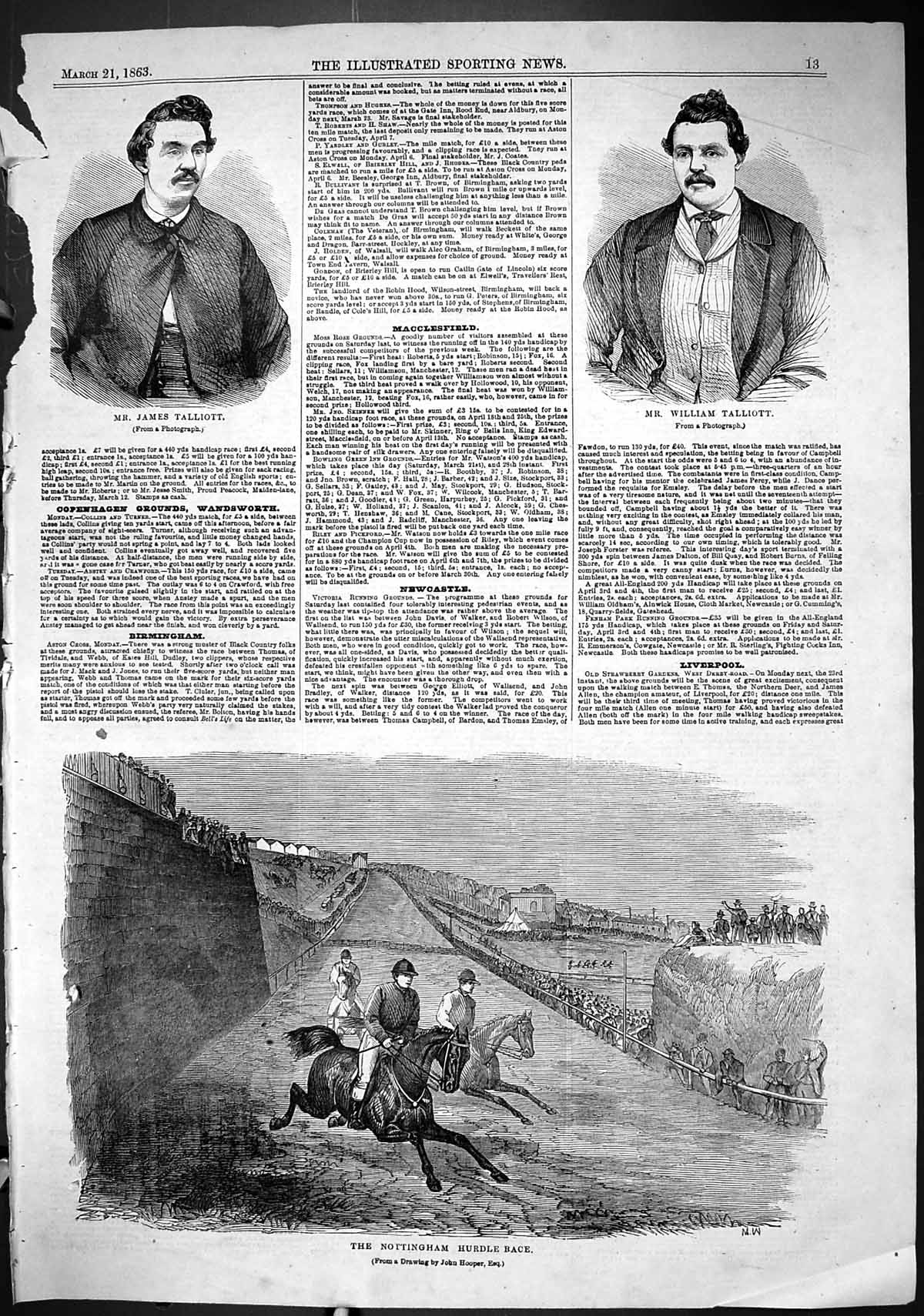 Old Print 1863 Nottingham Hurdle Race Horses Sport James Talliott William 19th