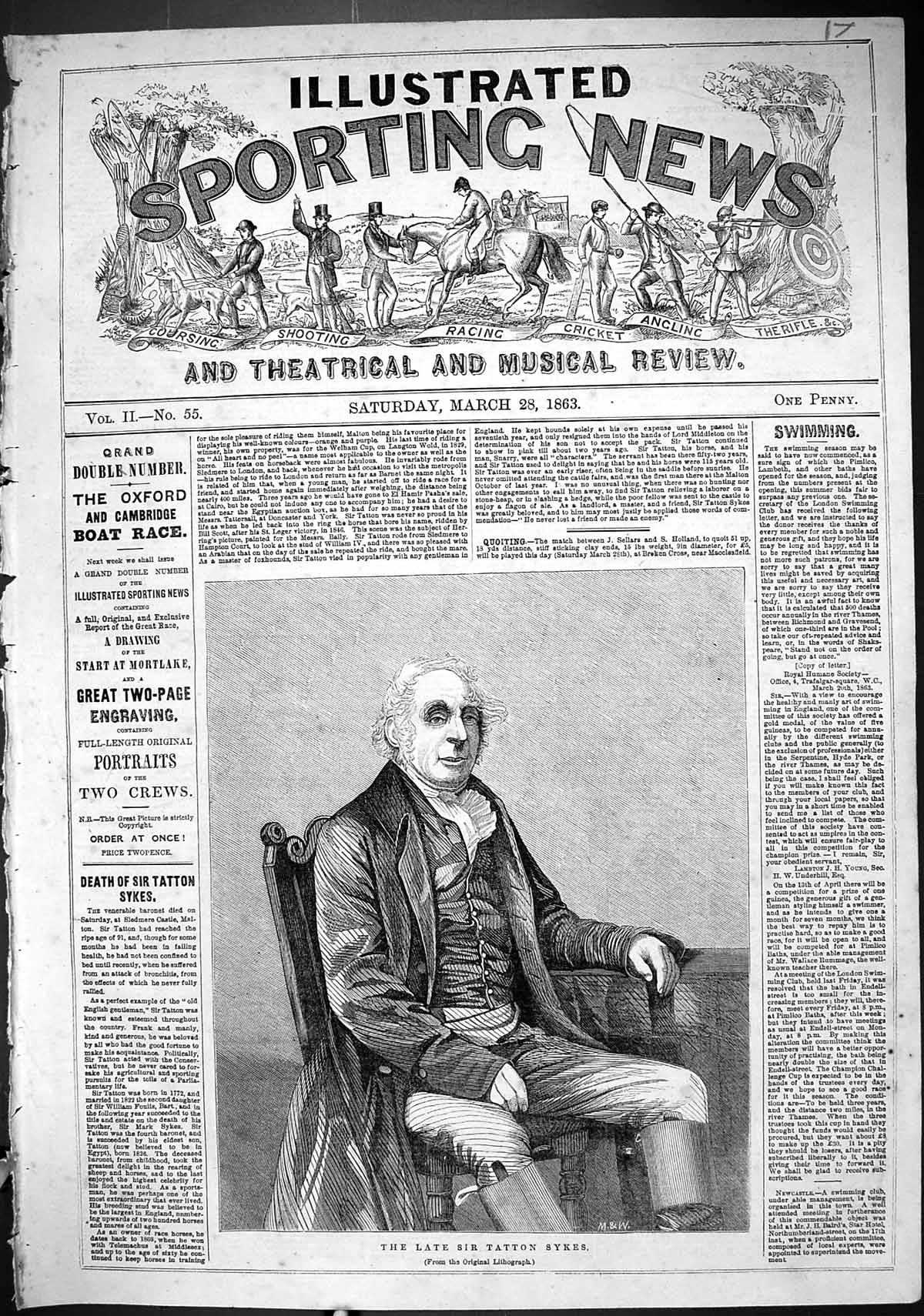 Original Old Antique Print 1863 Portrait Late Sir Tatton Sykes Moore Williamson