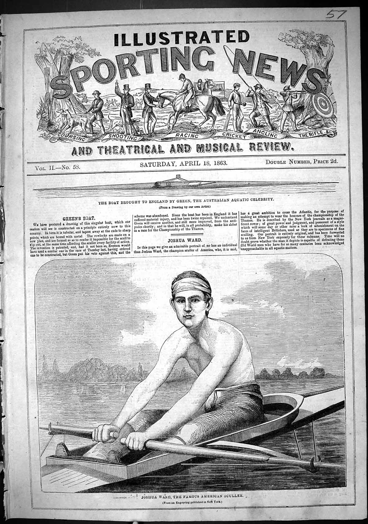 Antique Old Print 1863 Joshua Ward Famous American Sculler Boat Race Sport 19th