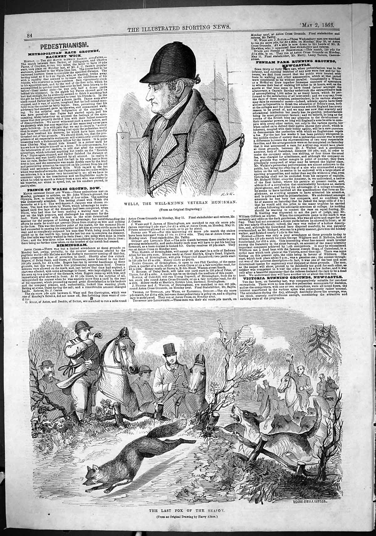 Antique Old Print 1863 Wells Veteran Huntsman Last Fox Season Hounds Horses