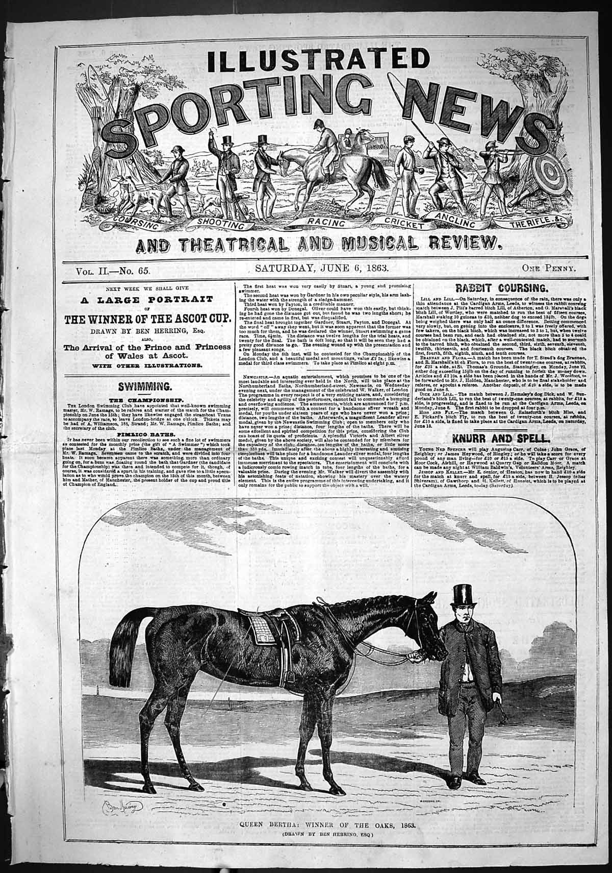Antique Old Print 1863 Queen Bertha Winner Oaks Horse Racing Sport Herring 19th