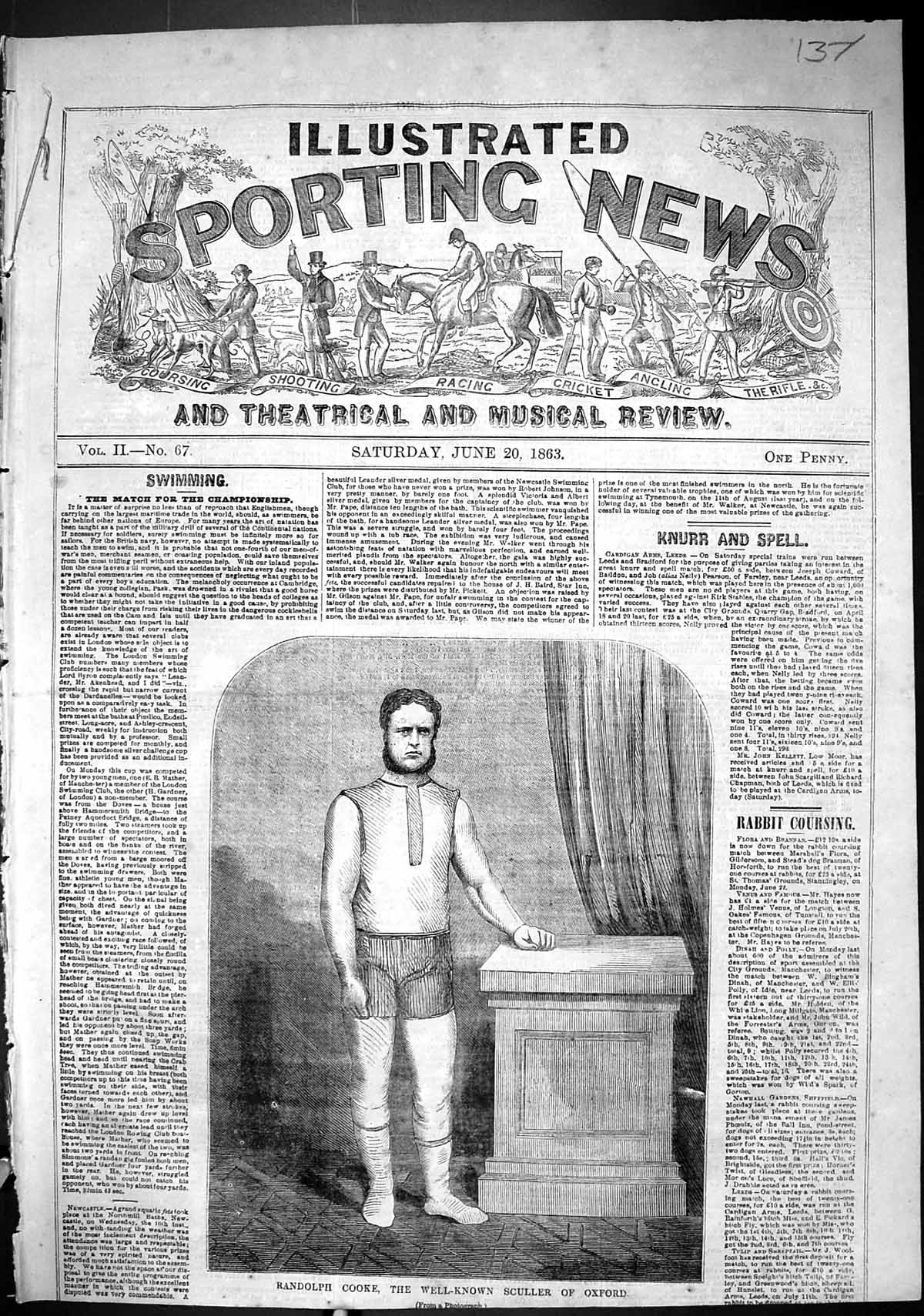 Antique Old Print 1863 Randolph Cooke Well-Known Sculler Oxford University 19th