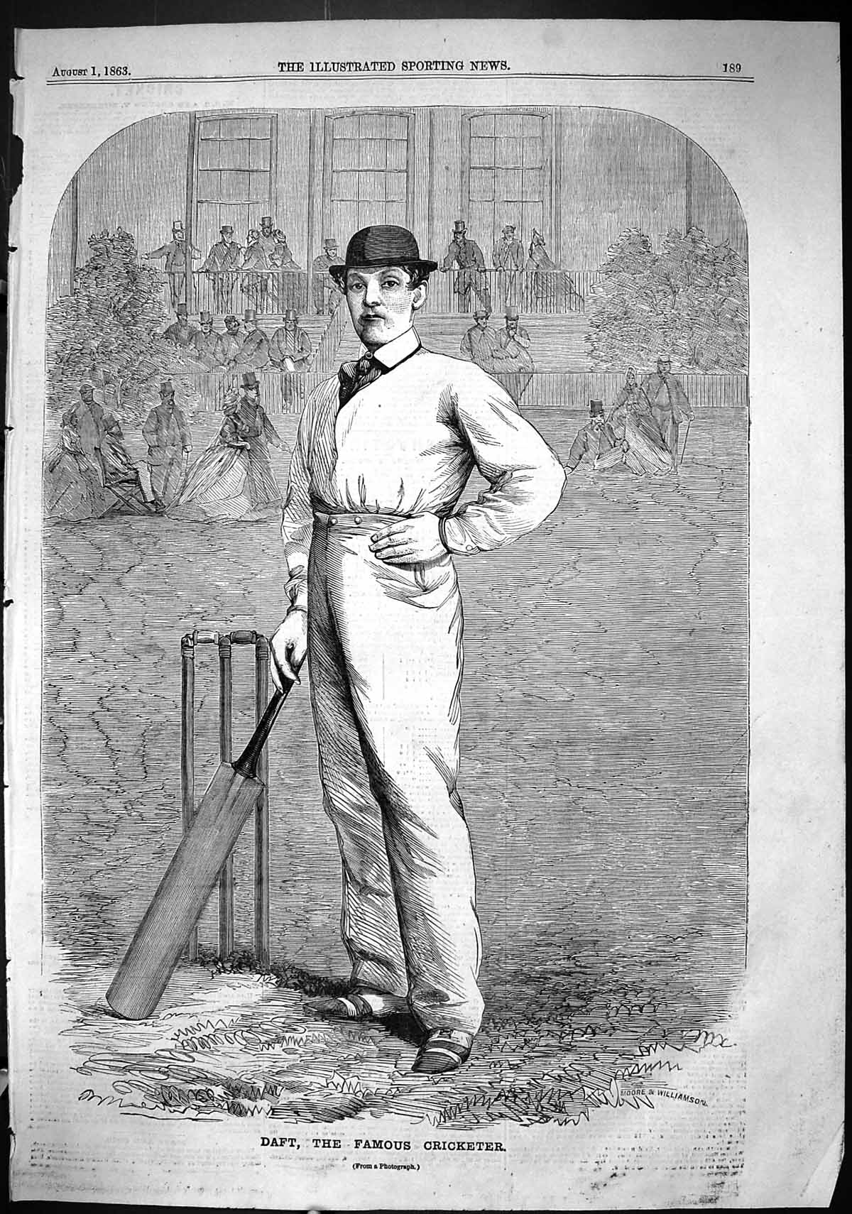 Original Old Antique Print 1863 Portrait Daft Famous Cricketer Moore Williamson