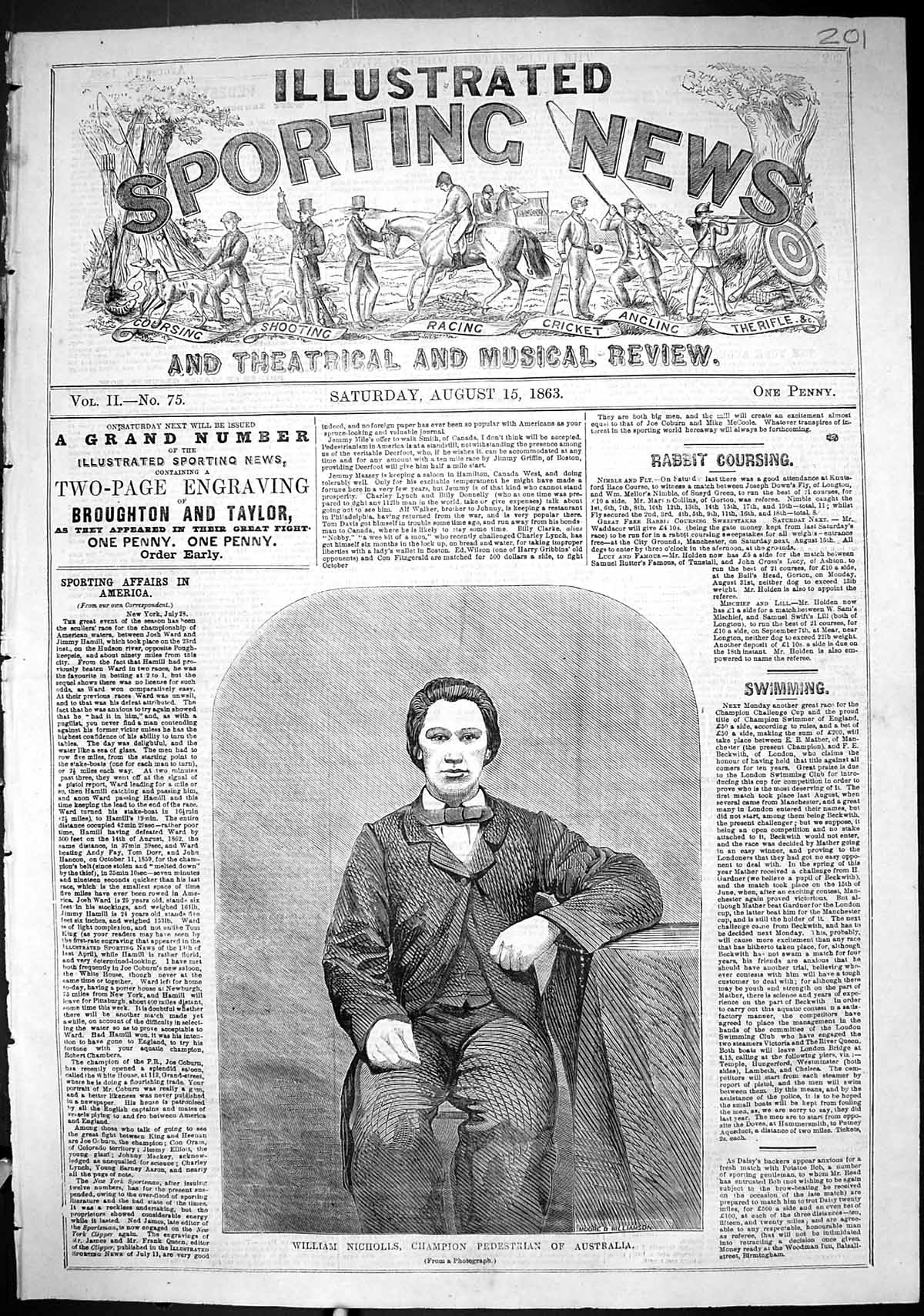 Antique Print 1863 Portrait William Nicholls Champion Pedestrian Australia 19th