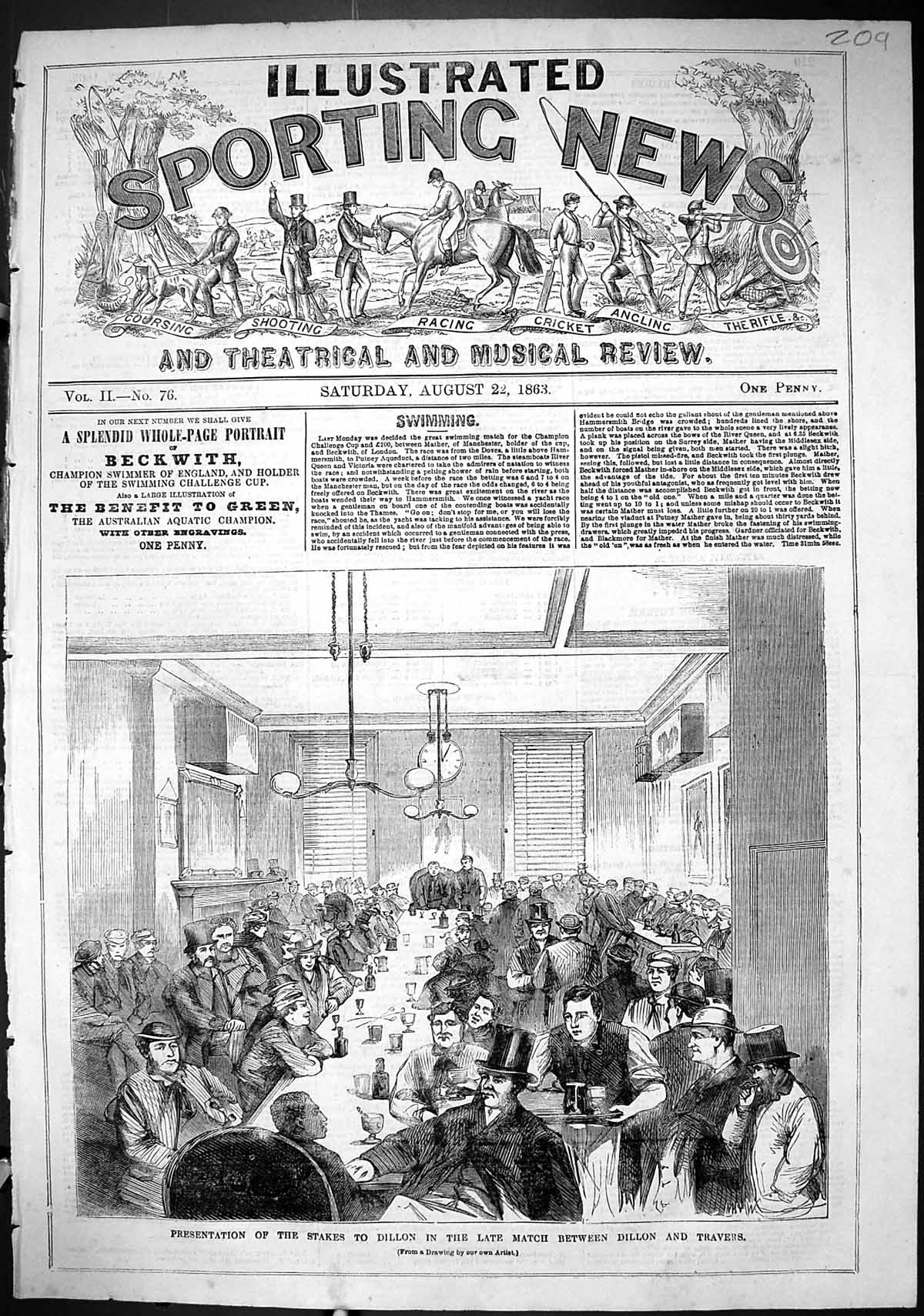 Original Old Antique Print 1863 Presentation Stakes Dillon Match Travers 19th