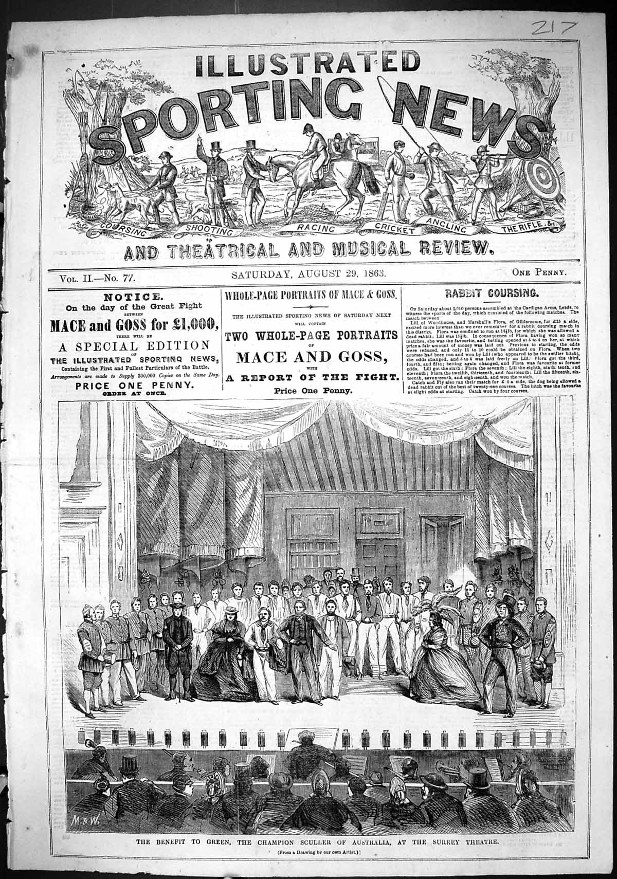 Antique Print 1863 Benefit Green Champion Sculler Australia Surrey Theatre 19th