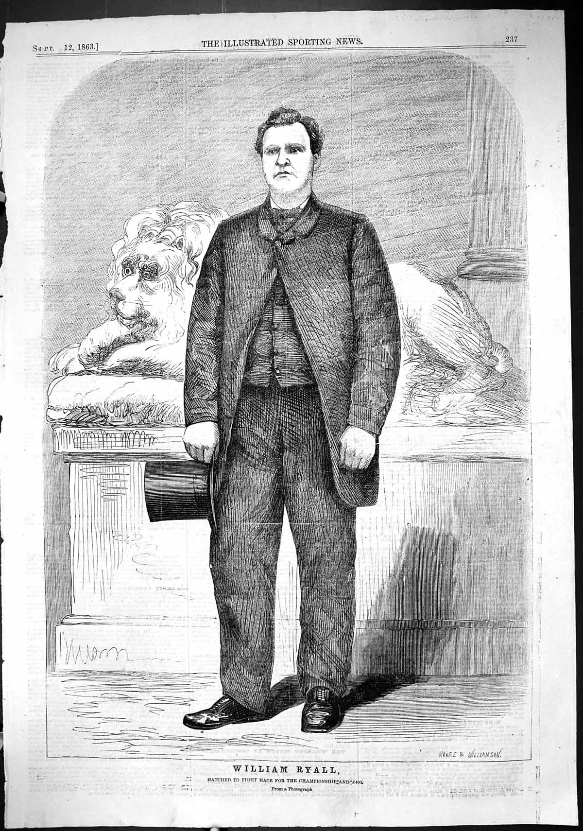 Antique Old Print 1863 Portrait William Ryall Championship Mace Sport Boxing