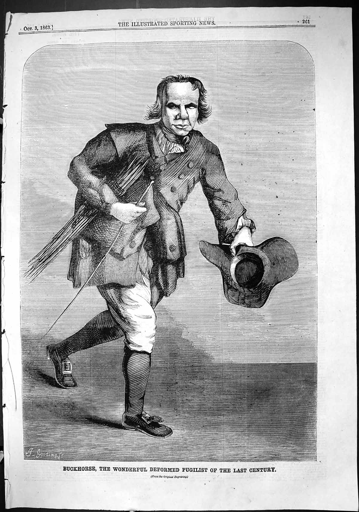 Antique Old Print 1863 Portrait Buckhorse Wonderful Deformed Pugilist Sport