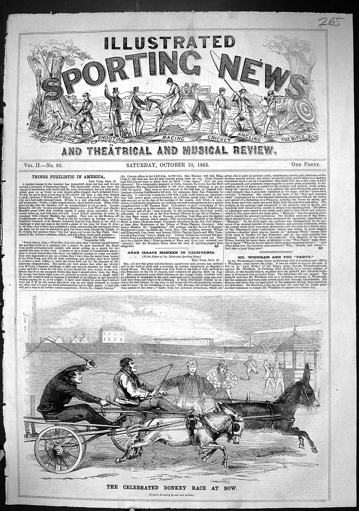 Original Old Antique Print 1863 Celebrated Donkey Race Bow Sport Men Victorian