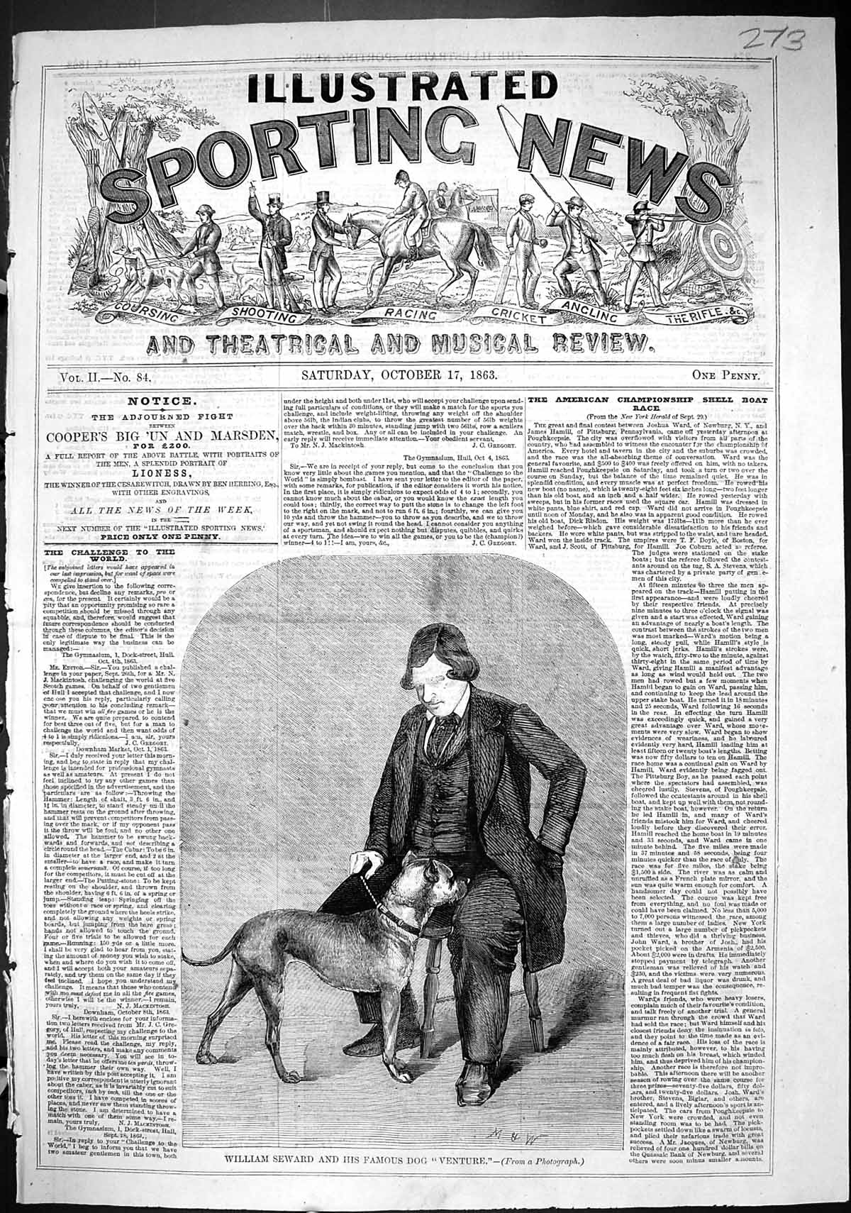 Original Old Antique Print 1863 Portrait William Seward Famous Dog Venture 19th
