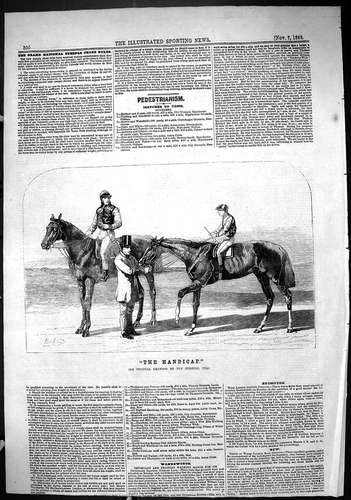 Original Old Antique Print 1863 Handicap Horse Racing Jockeys Sport Ben Herring