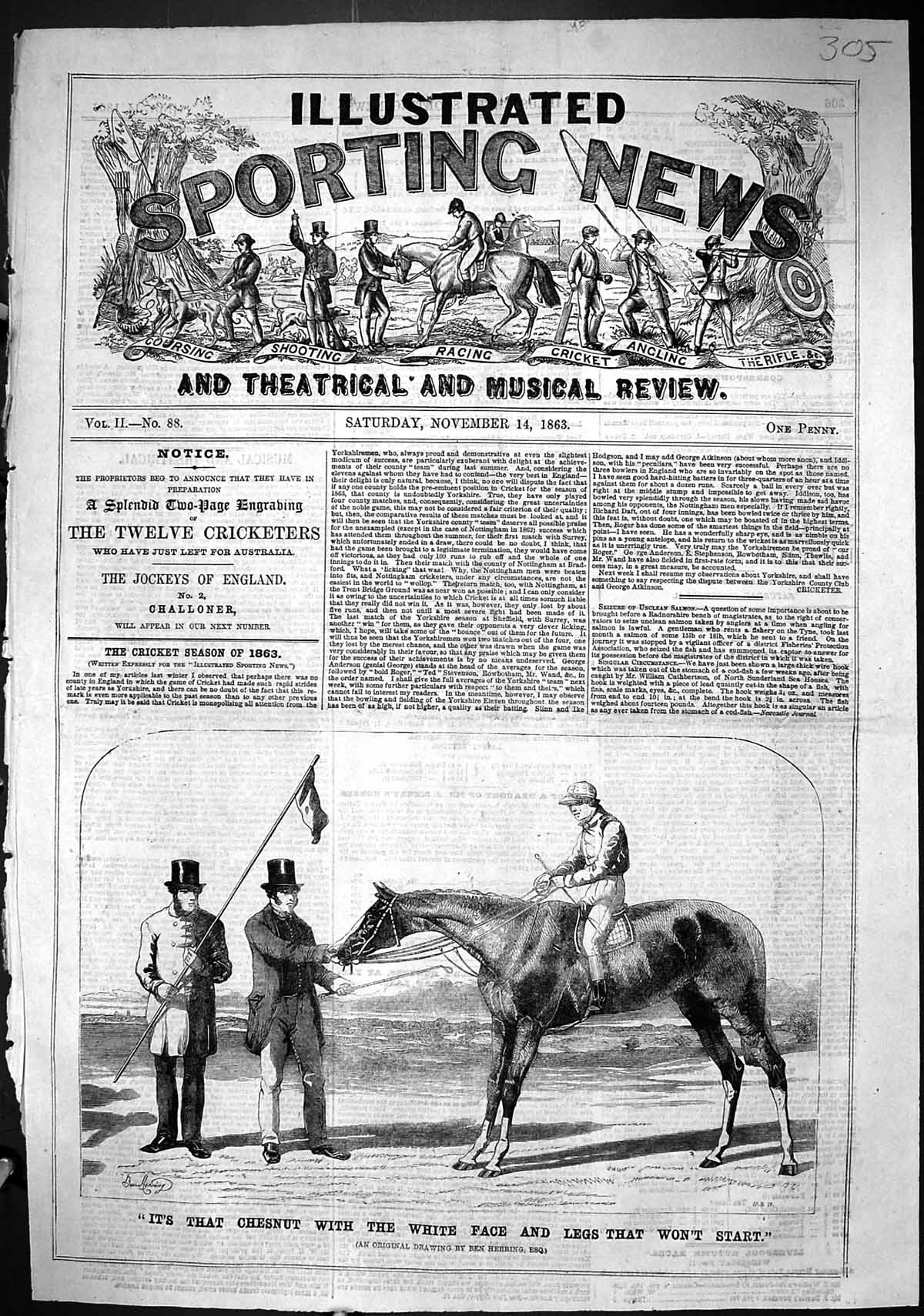 Old Antique Print 1863 Chesnut Horse Refusing Start Sport Jockey Trainer 19th