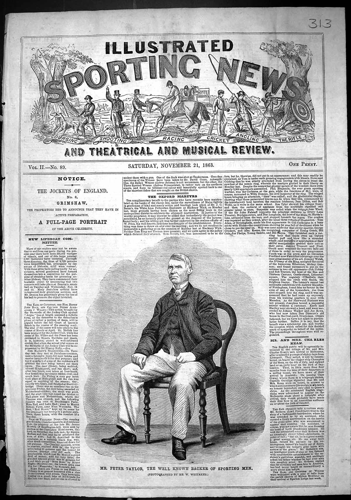 Antique Old Print 1863 Portrait Mr Peter Taylor Backer Sporting Men Whitaker