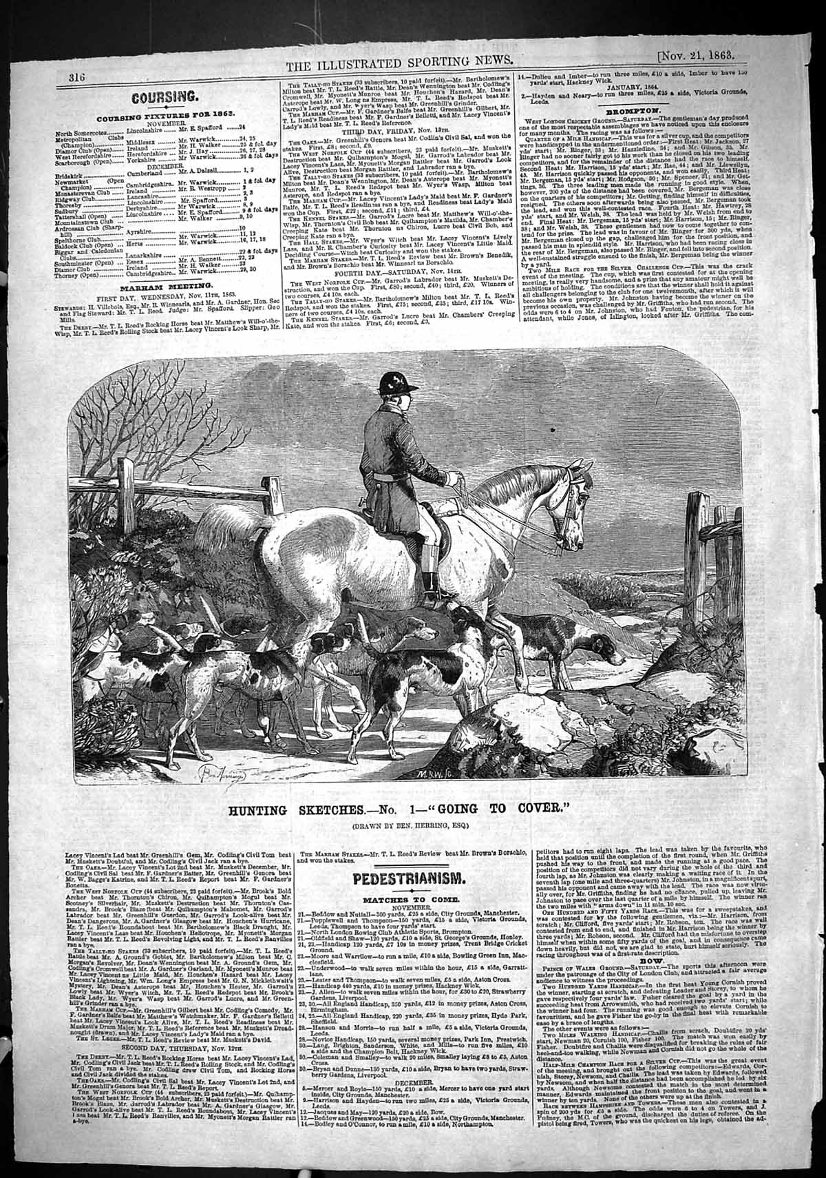 Antique Print 1863 Hunting Sketching Going To Cover Horses Hounds Huntsmen 19th
