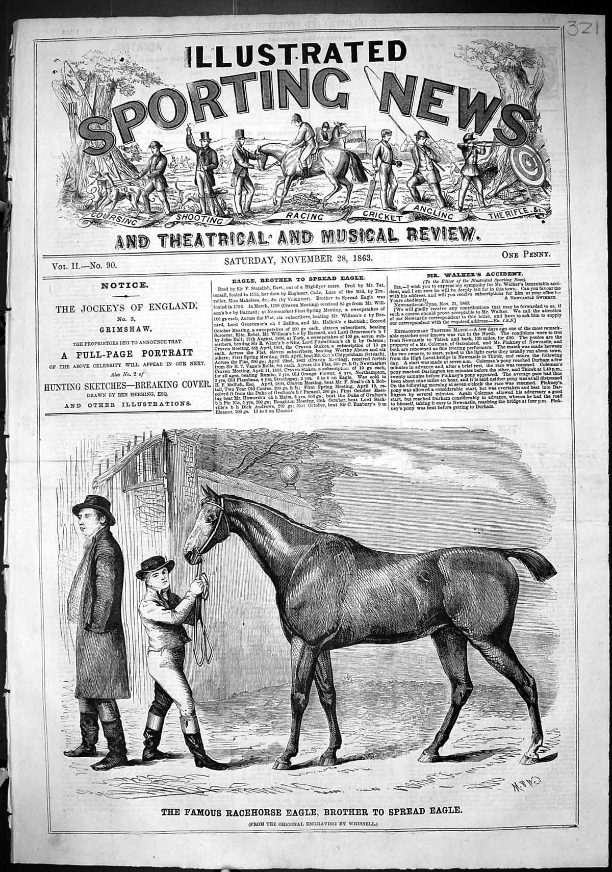 Antique Print 1863 Famous Racehorse Eagle Brother Spread Eagle Sport Horse 19th