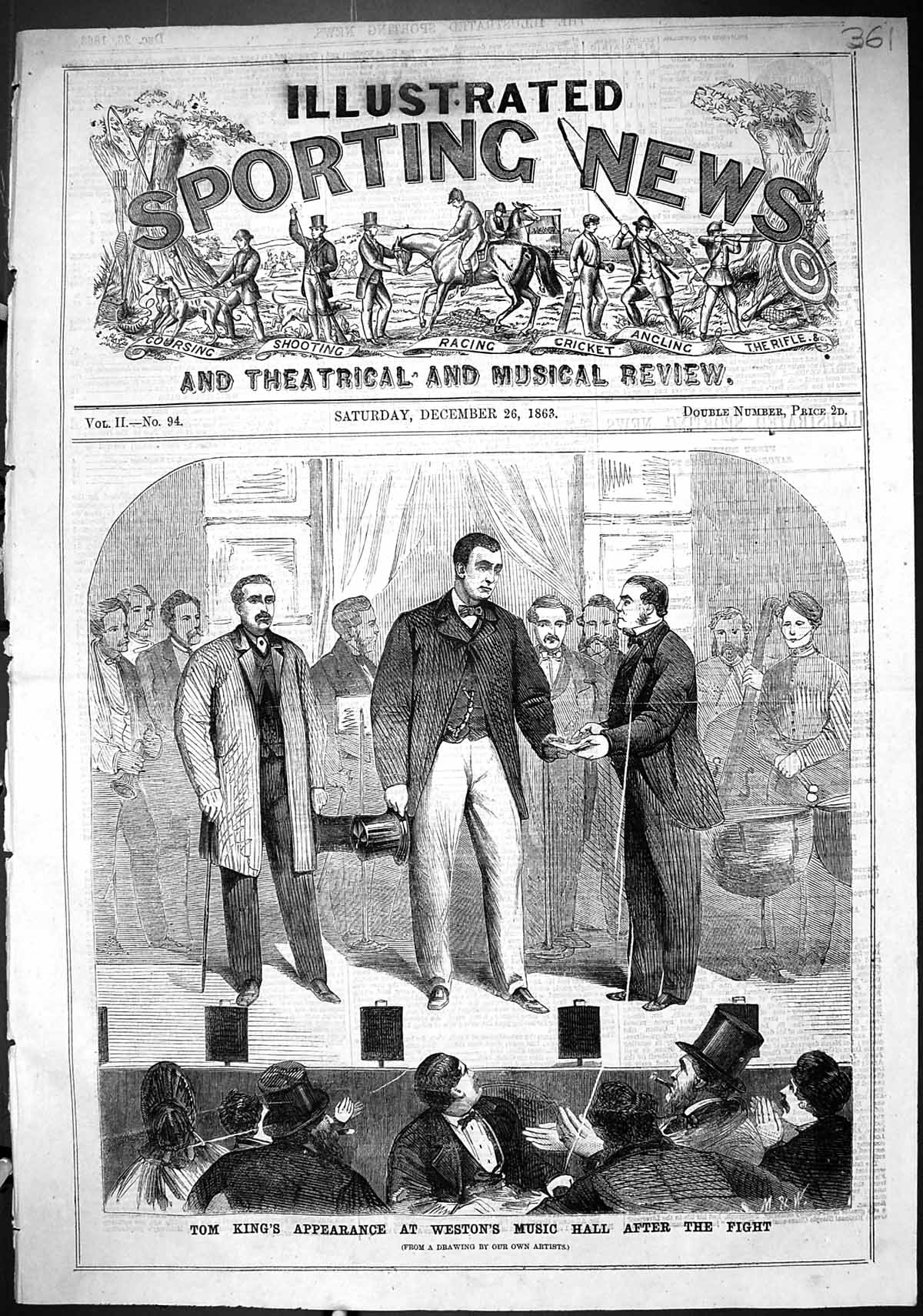 Original Old Antique Print 1863 Tom King Appearance Weston Music Hall Victorian