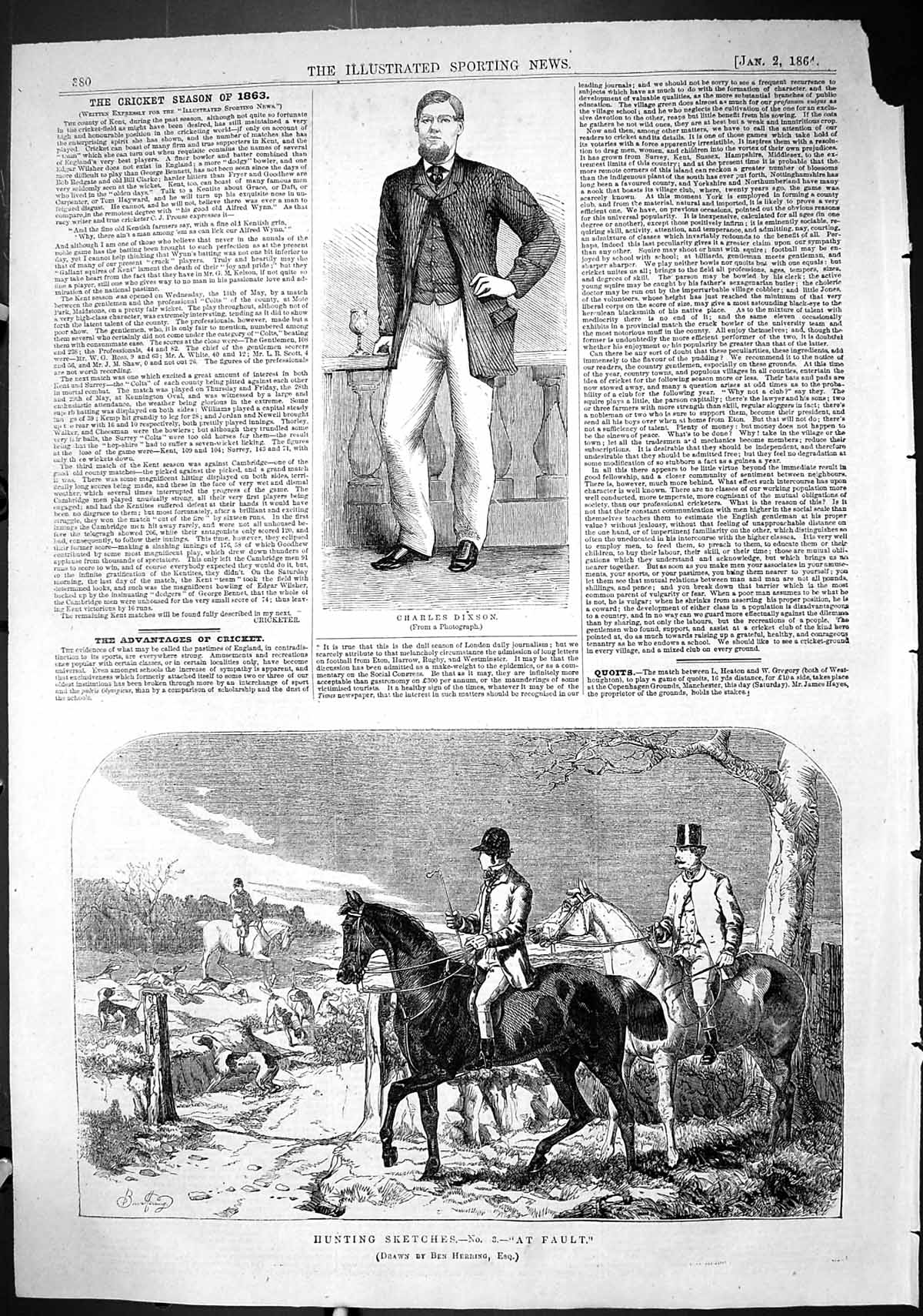 Antique Old Print Hunting Sketch Horses Hounds Dogs Sport 1864 Charles Dixson