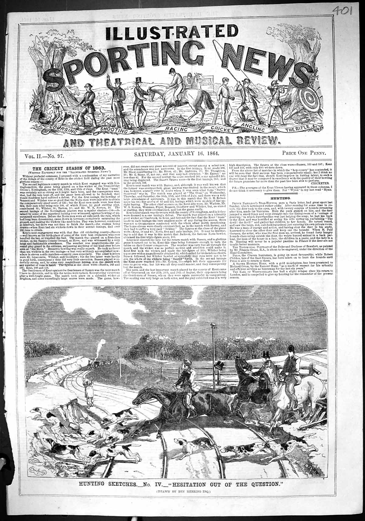 Old 1864 Hunting Sketch Horses Hounds Railway Line Train Sport Ben He Victorian