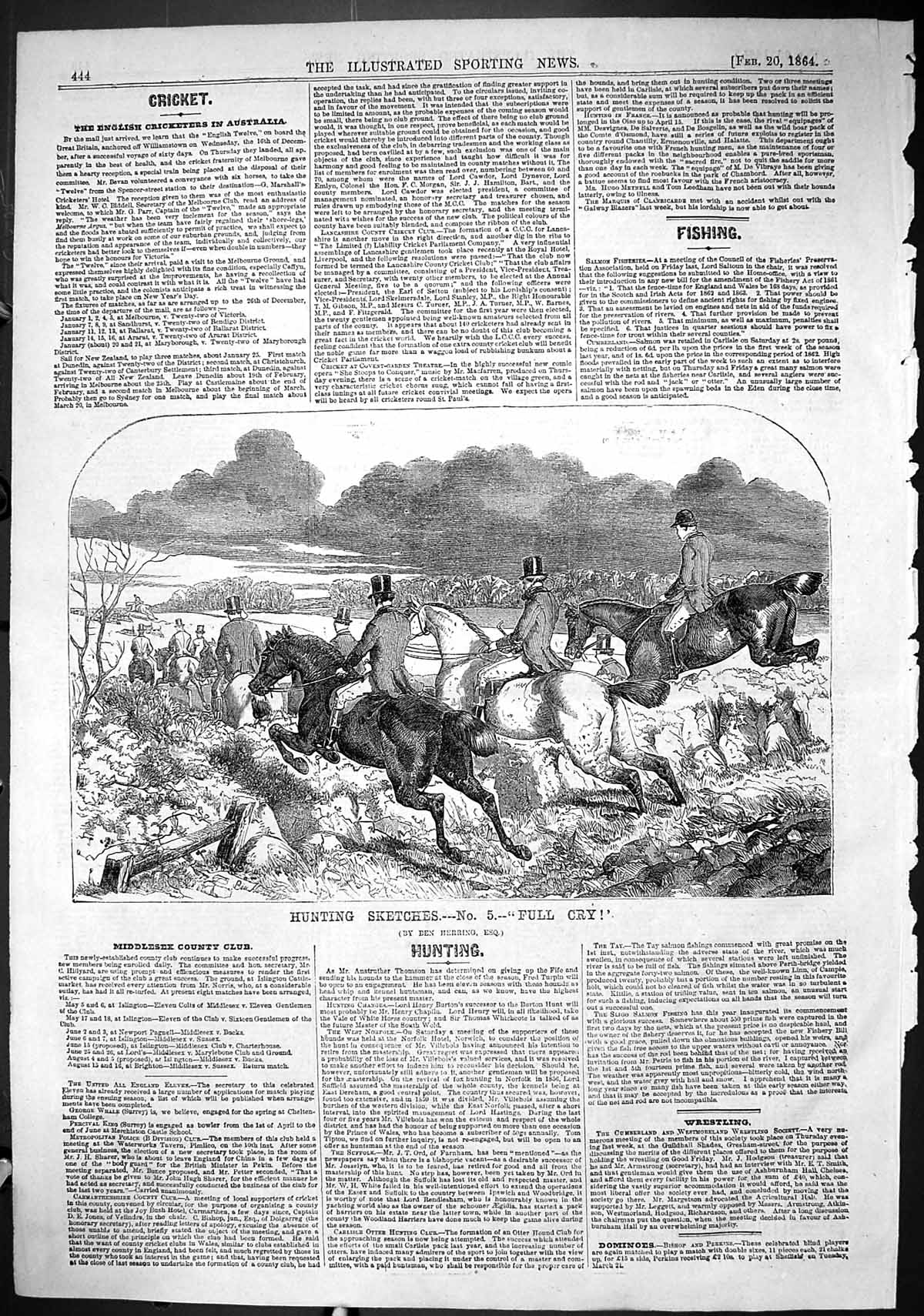 Original Old Antique Print 1864 Hunting Full Cry Horses Huntsmen Sport 19th