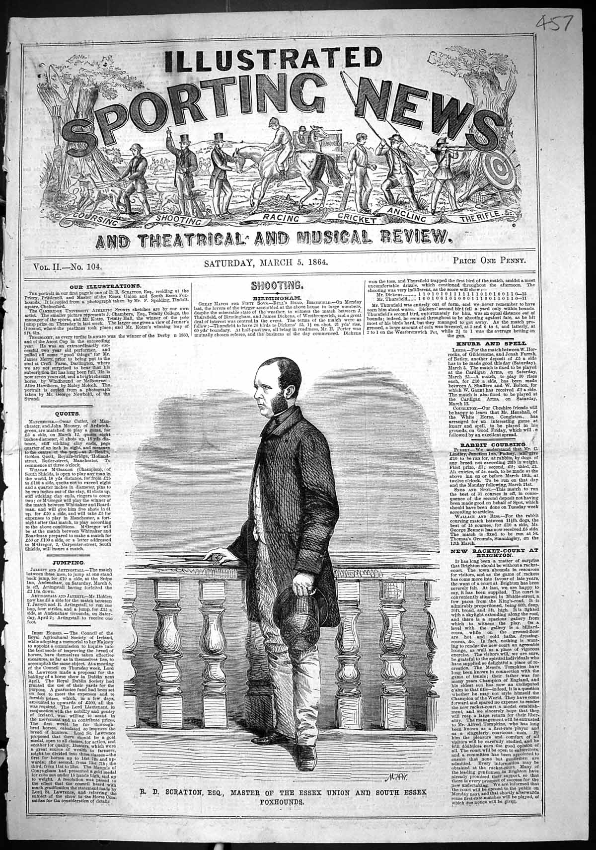 Antique Old Print 1864 Portrait Scration Master Essex Union Foxhounds Sport