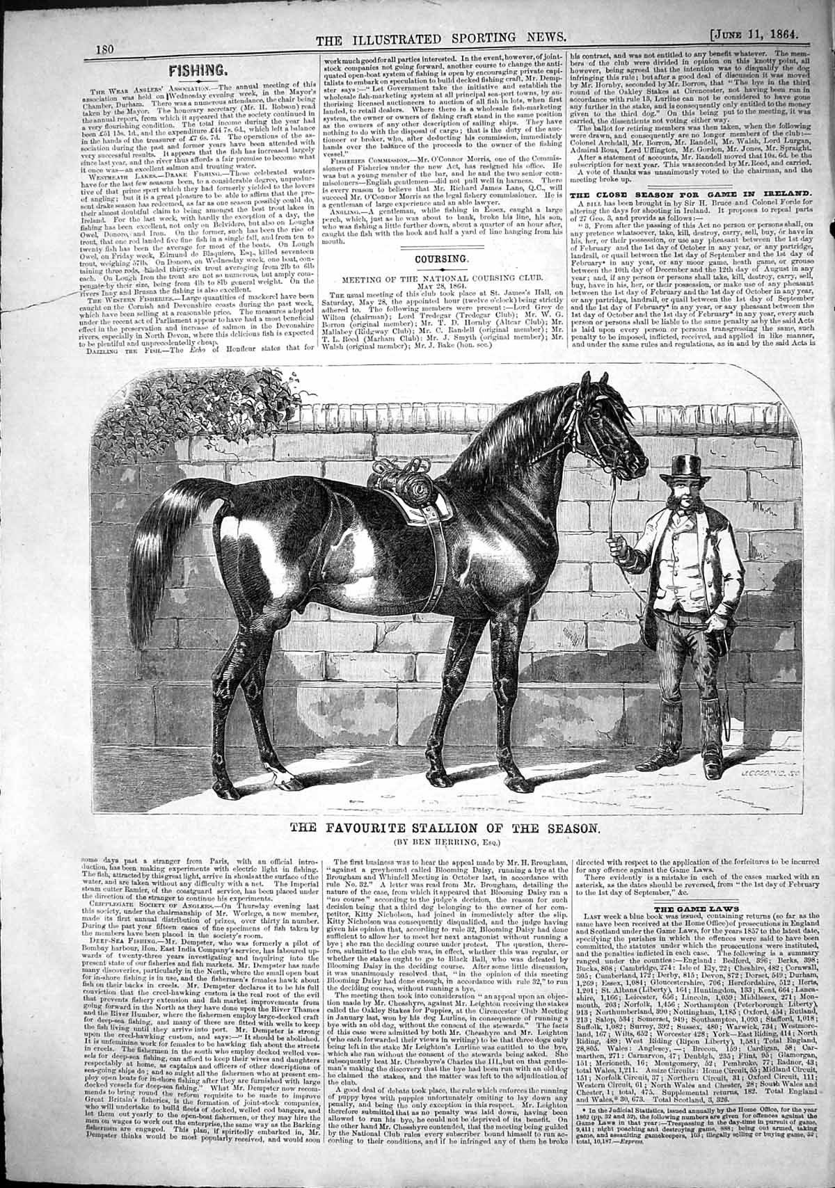 Old Antique Print 1864 Horse Favourite Stallion Season Sport Ben Herring 19th