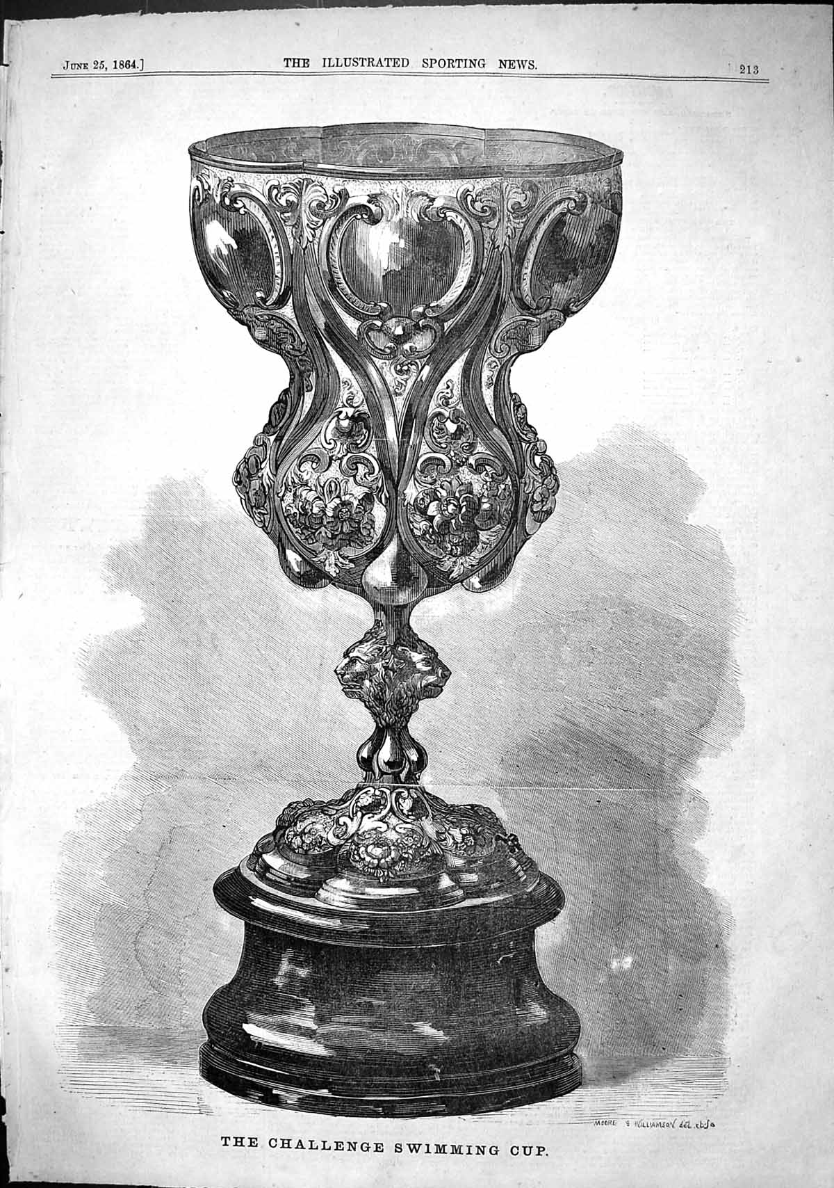 Antique Old Print 1864 Challenge Swimming Cup Sports Trophy Moore Williamson