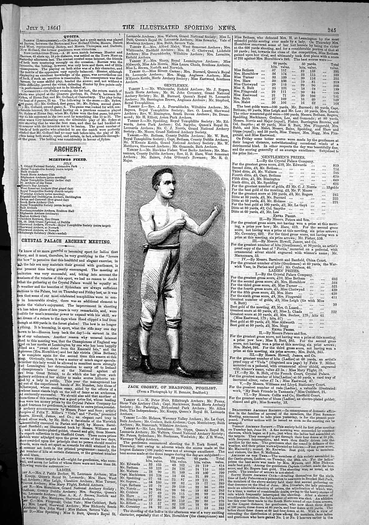 Old Antique Print 1864 Portrait Jack Crosby Bradford Pugilist Sport Man 19th