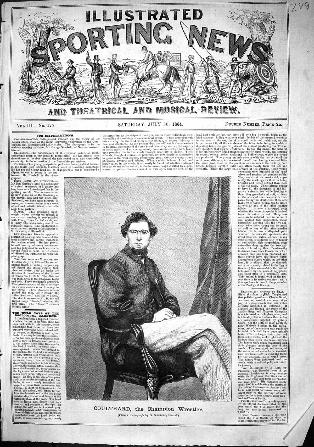 Old Antique Print 1864 Portrait Coulthard Champion Wrestler Sport Man Newb 19th