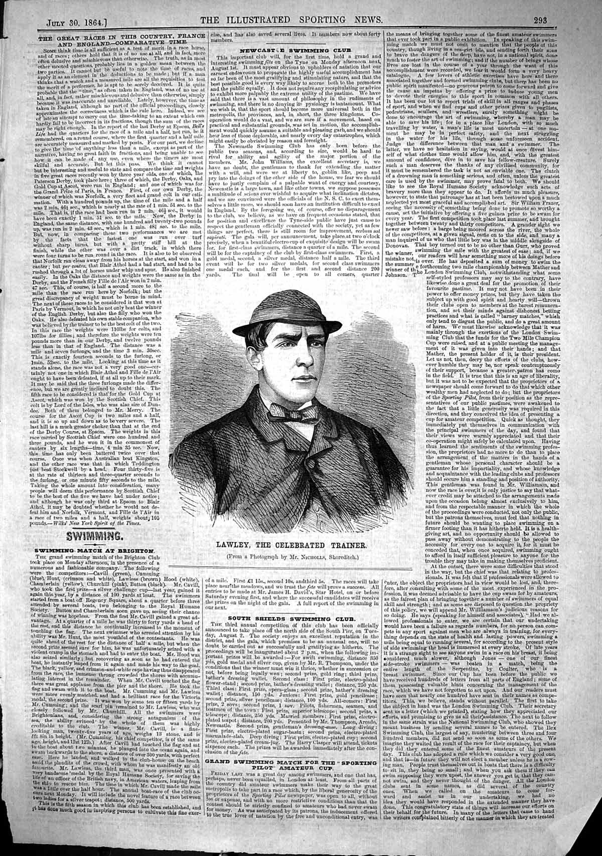 Original Old Antique Print 1864 Portrait Lawley Celebrated Trainer Horses Sport