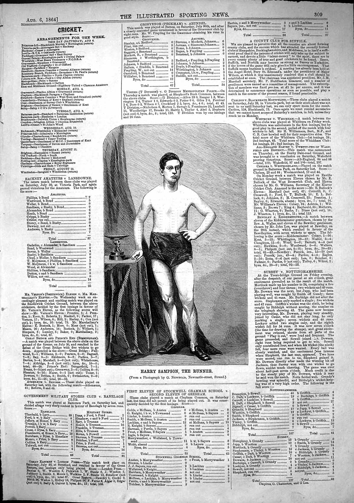 Original Old Antique Print 1864 Portrait Harry Sampson Runner Athlete Man Sport