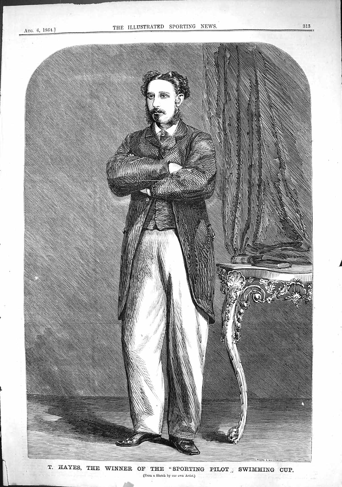 Antique Old Print 1864 Portrait Hayes Sporting Pilot Swimming Cup Sport Man