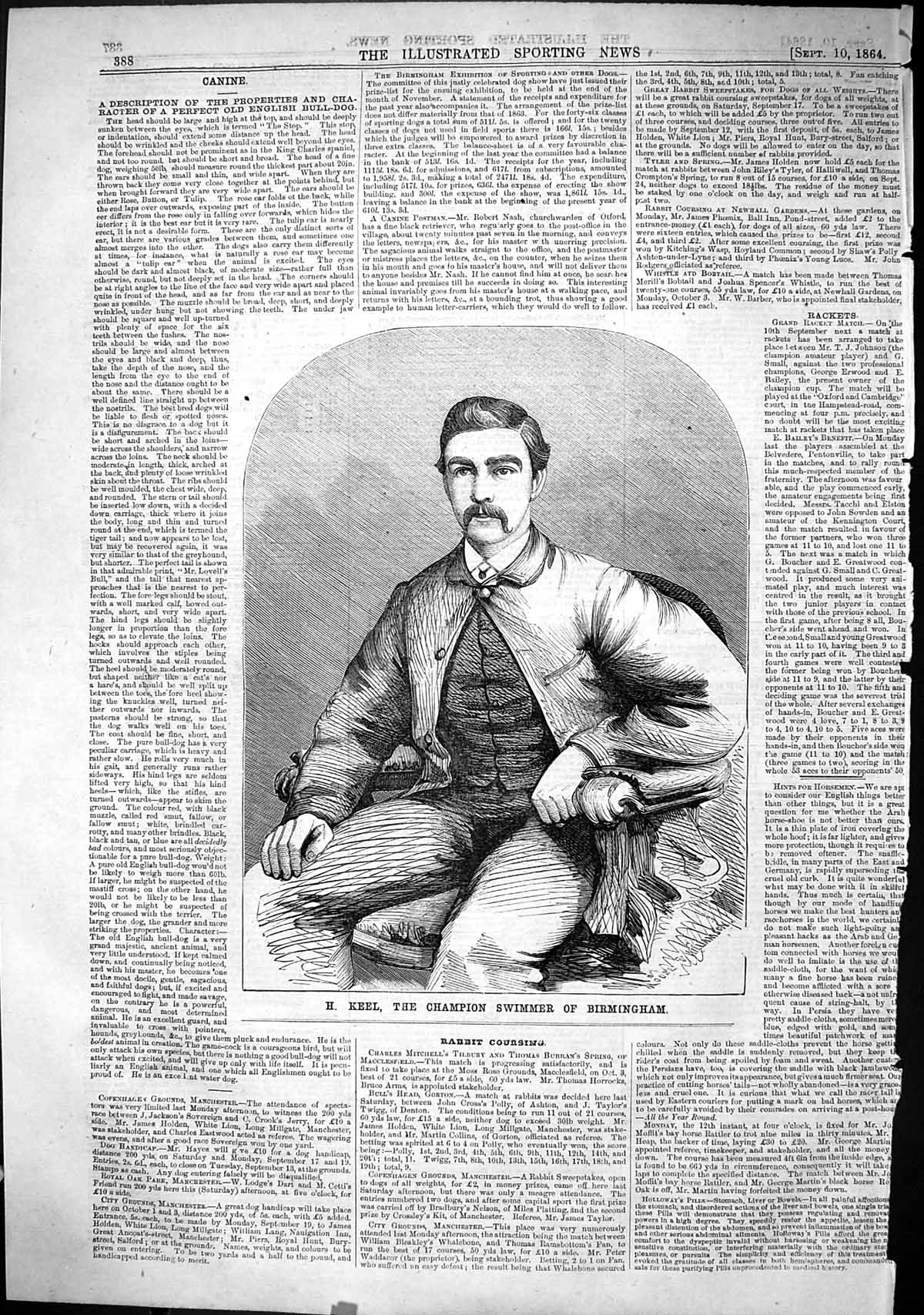 Antique Old Print 1864 Portrait Keel Champion Swimmer Birmingham Sport Man 19th