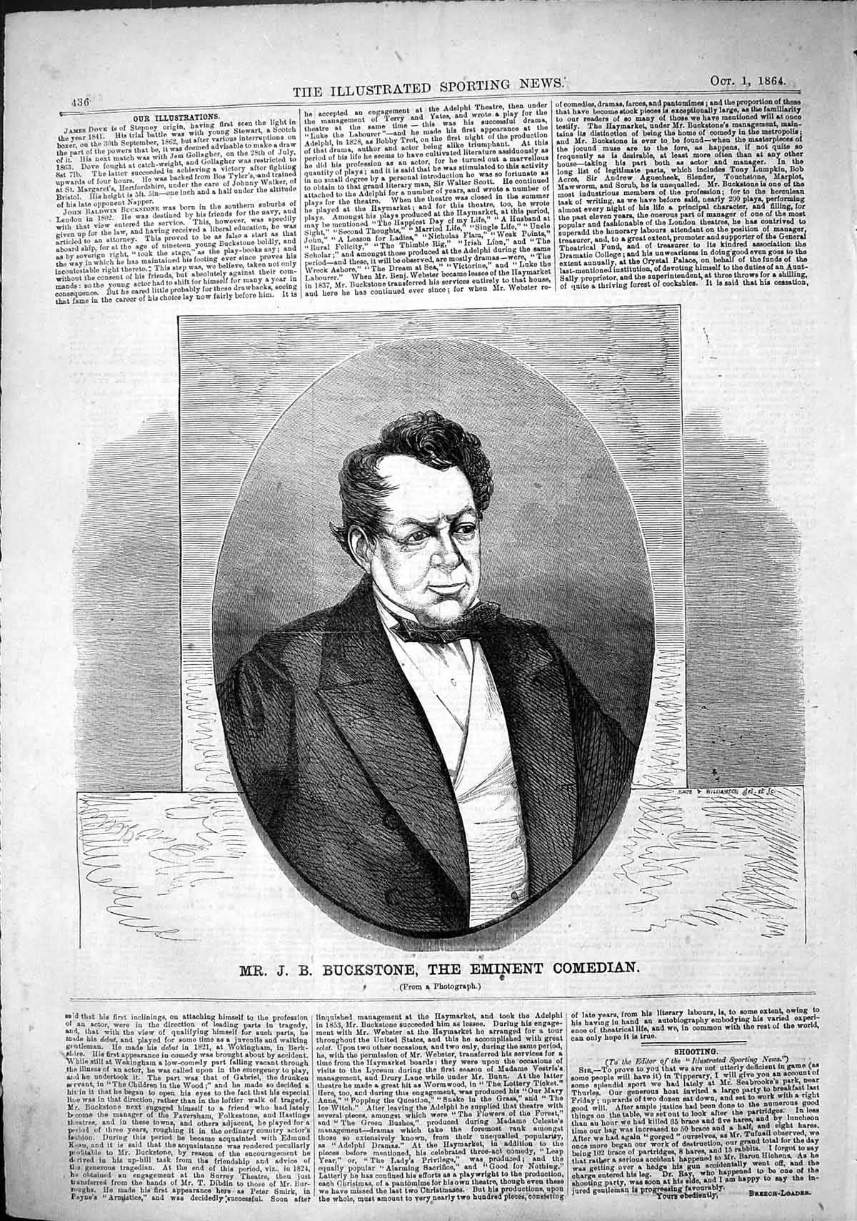 Original Old Antique Print 1864 Portrait Mr Buckstone Eminent Comedian 19th