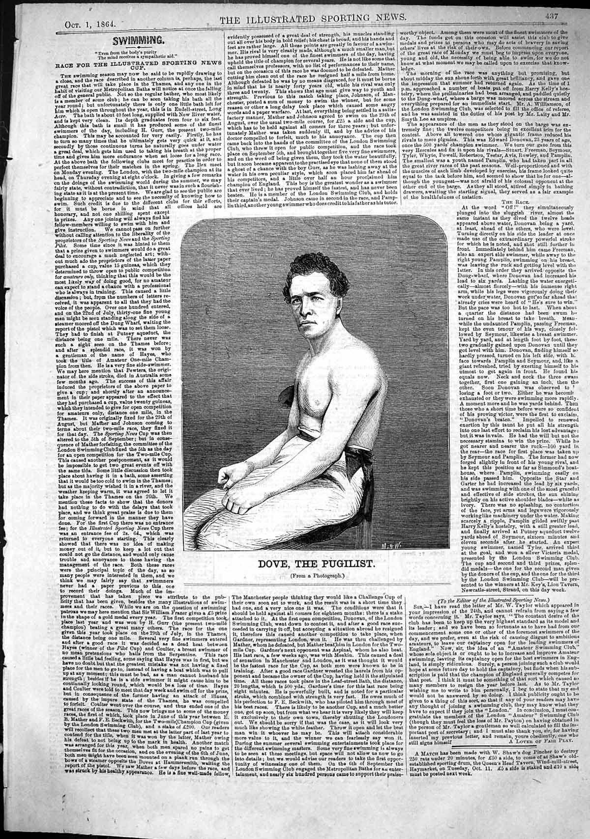 Original Old Antique Print 1864 Portrait Dove Pugilist Sport Man 19th