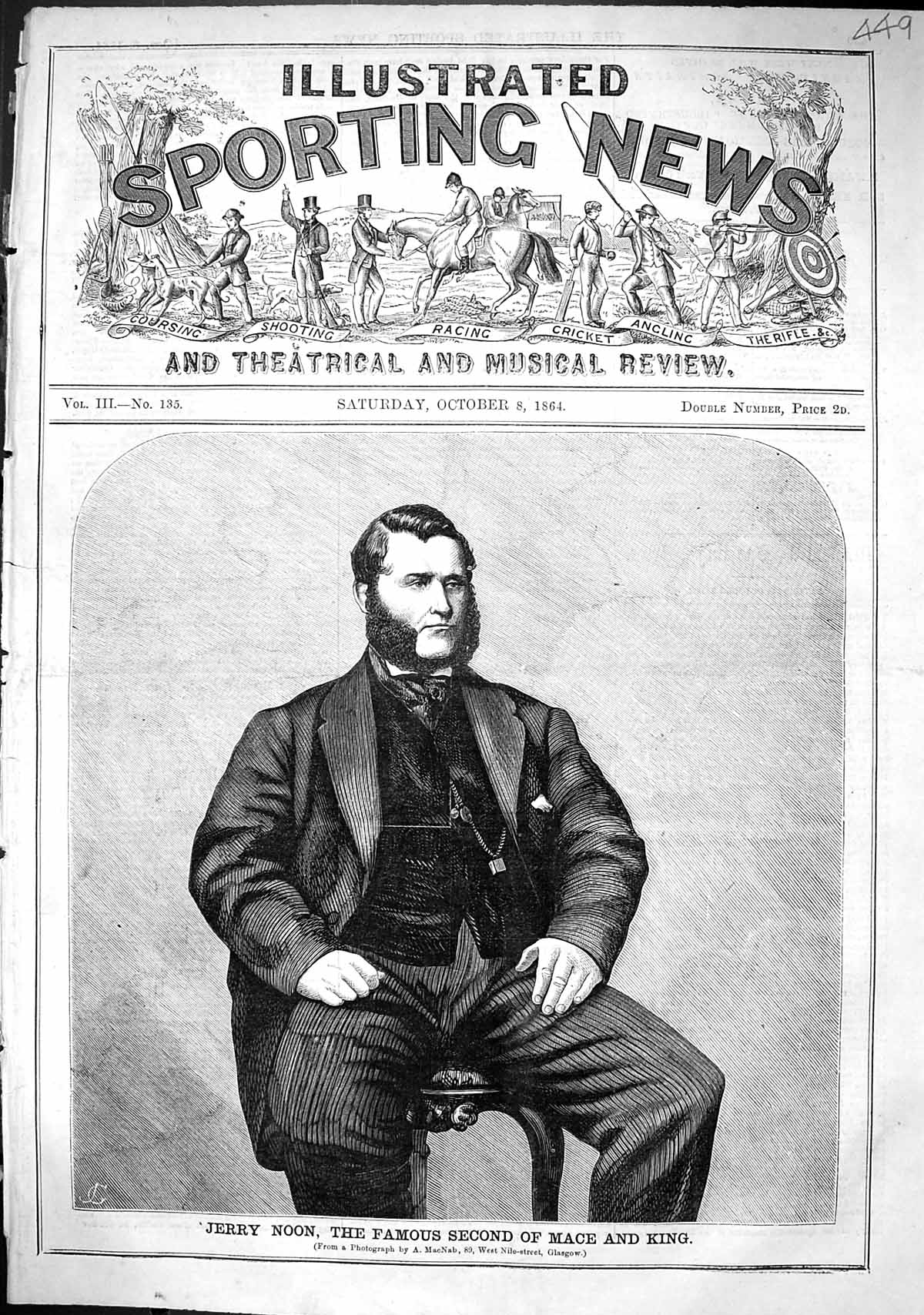Antique Old Print 1864 Portrait Jerry Noon Famous Second Mace King Sport Man