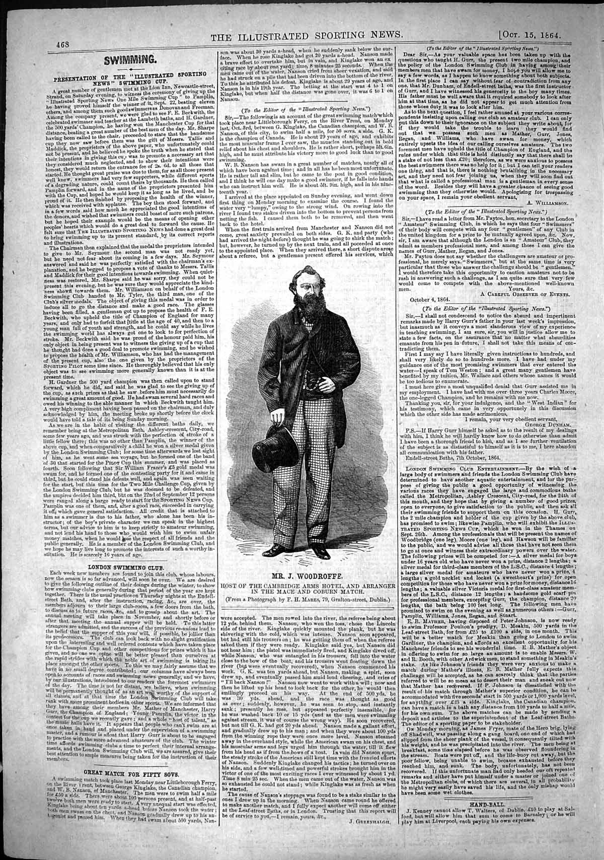 Antique Print 1864 Mr Woodroffe Host Camrbidge Arms Hotel Mace Coburn Match