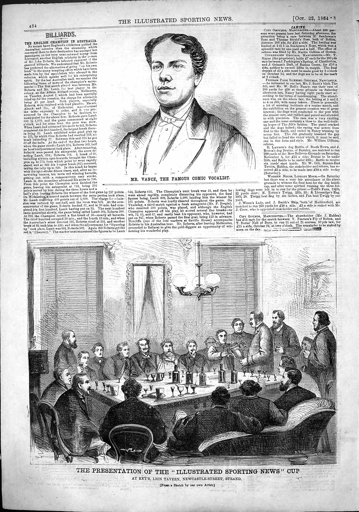 Old 1864 Famous Comic Vocalist Illustrated Sporting News Cup Lion Tav Victorian