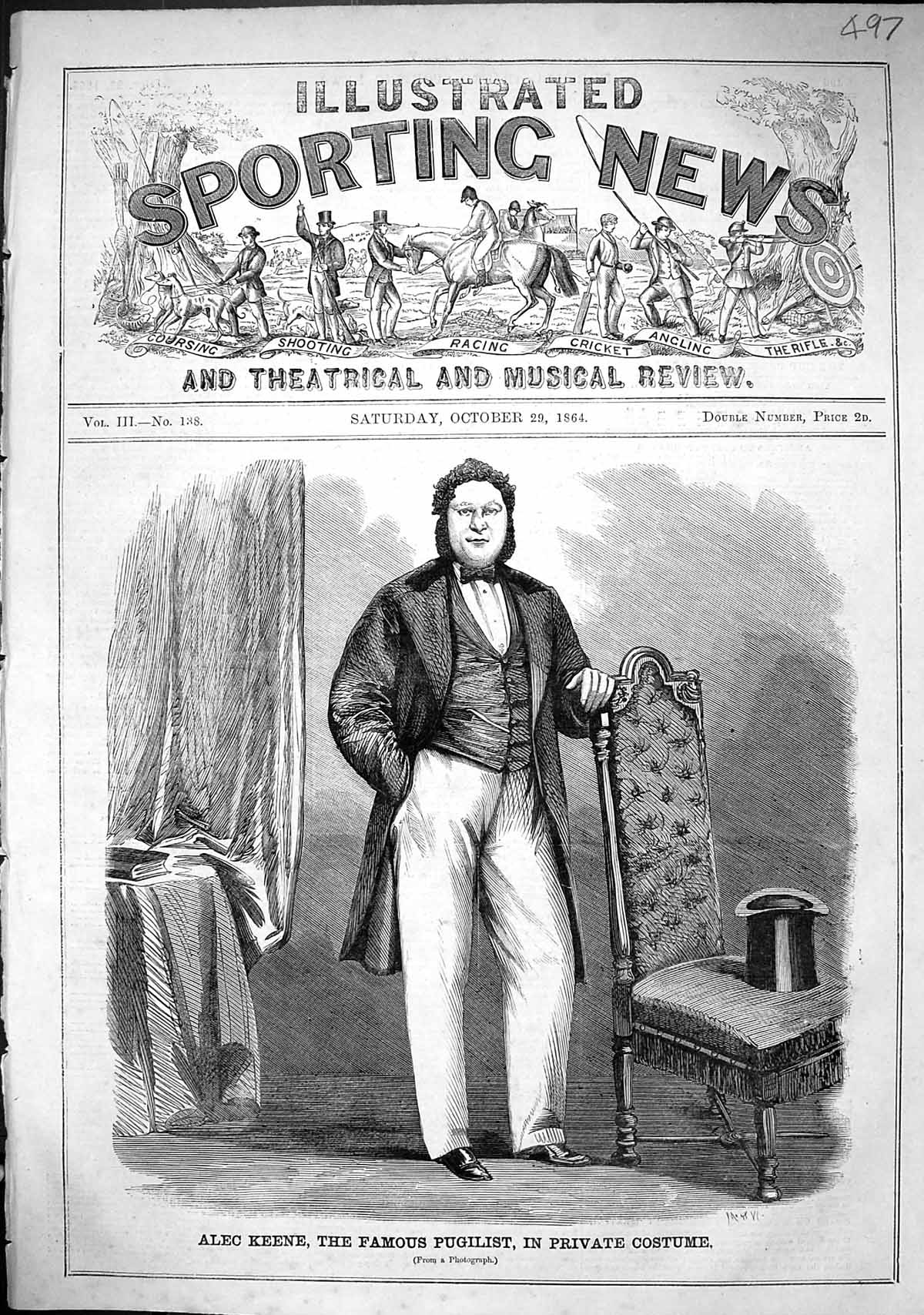 Antique Old Print 1864 Alex Keene Famous Pugilist Private Costume Sport Man