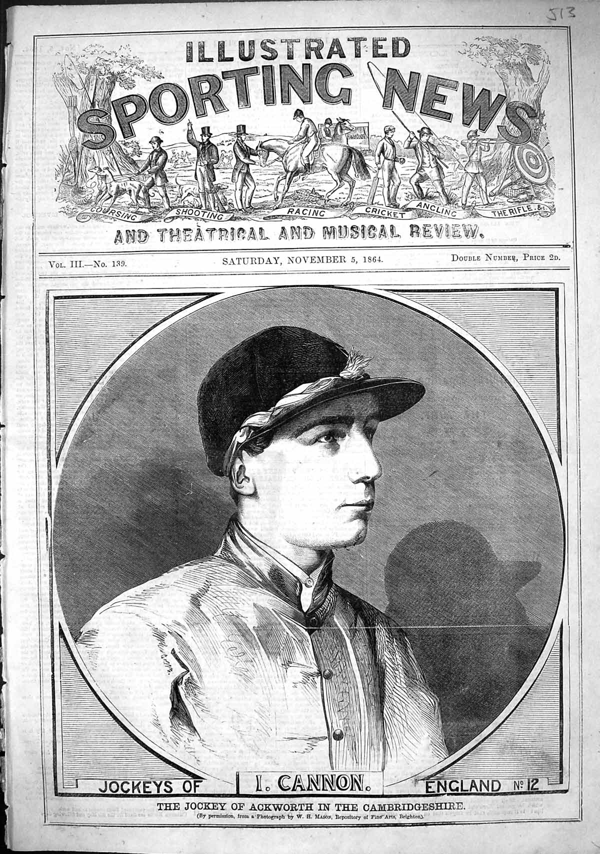 Antique Print 1864 Portrait Cannon Jockey Ackworth Cambridgeshire Sport Man