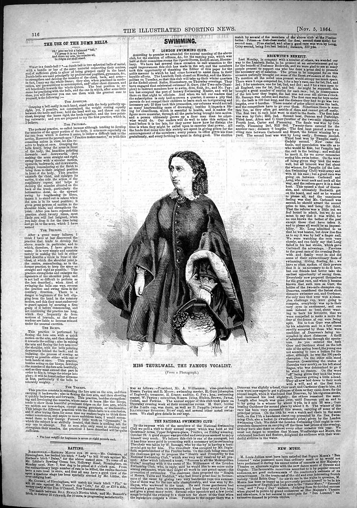 Original Old Antique Print 1864 Portrait Miss Thurlwall Famous Vocalist Woman